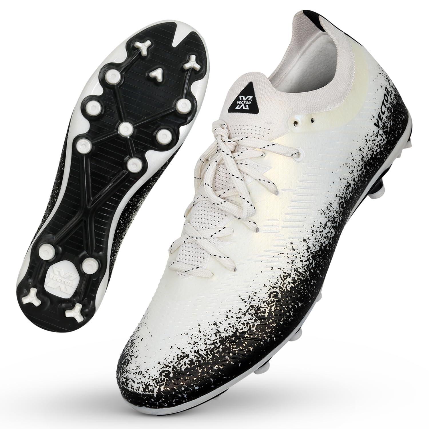 Vector XGenius 3D Texture TPU Fusing Upper with TPU Sole, Sock for Grip, Soccer Football Studs, Elegant Design (Pearl White- Black)