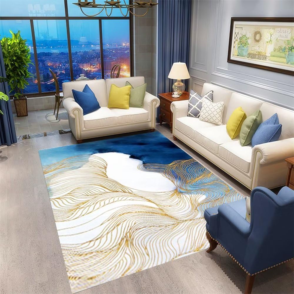 Moquette chambre tapis salon bleu 200x300 anti-acariens modèle abstrait