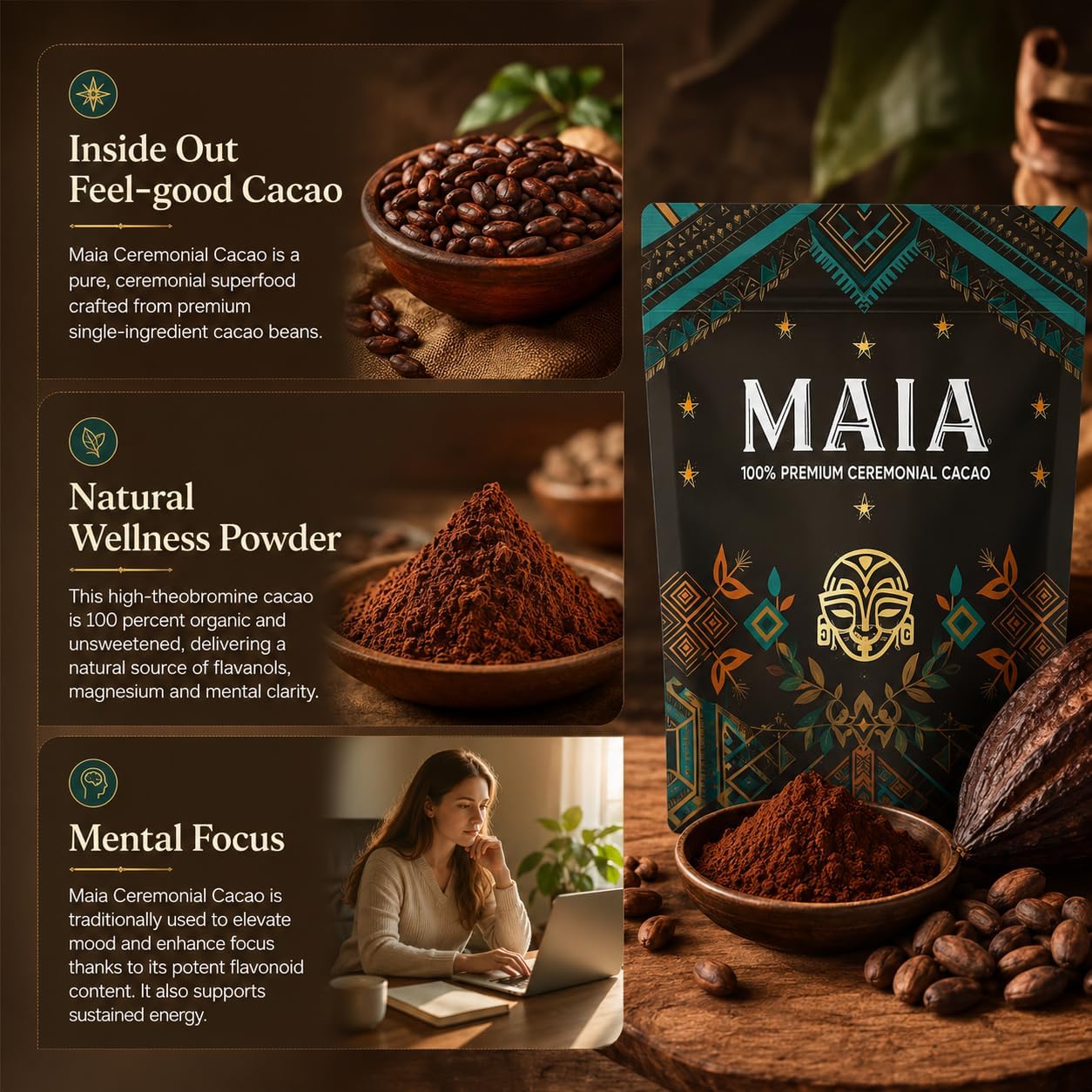 Ceremonial Cacao, Unsweetened Cacao Drink Mix for Daily Use, Rich & Smooth Taste, Easy to Prepare Hot or Cold image 3
