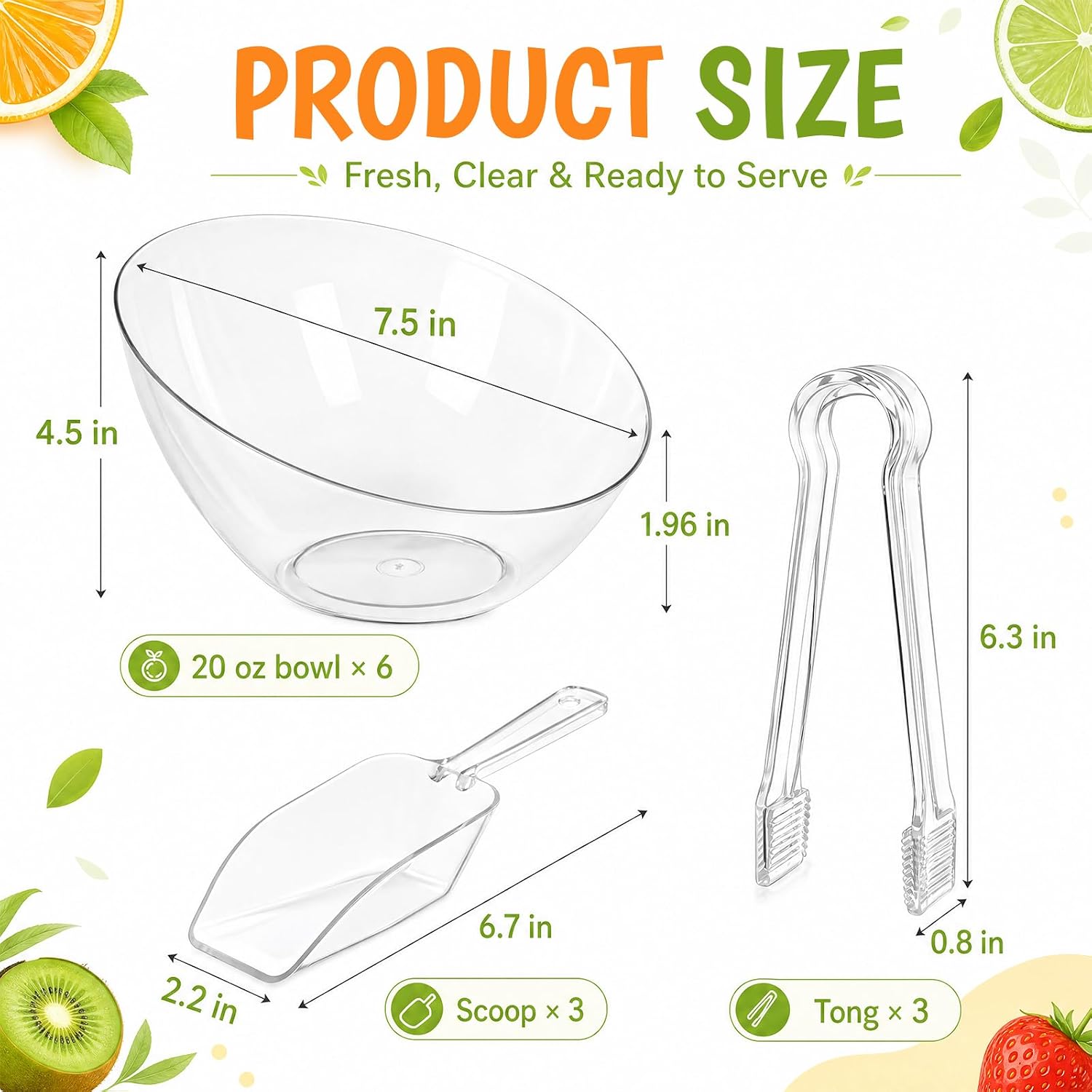 Newtay 20 Oz 6 Candy Bowls with 3 Scoops and 3 Tongs, Large Clear Plastic Dessert Bowls Angled Hard Candy Buffet Containers Set for Chip Snacks Popcorn Appetizers Buffets Bar Birthday Party Supplies