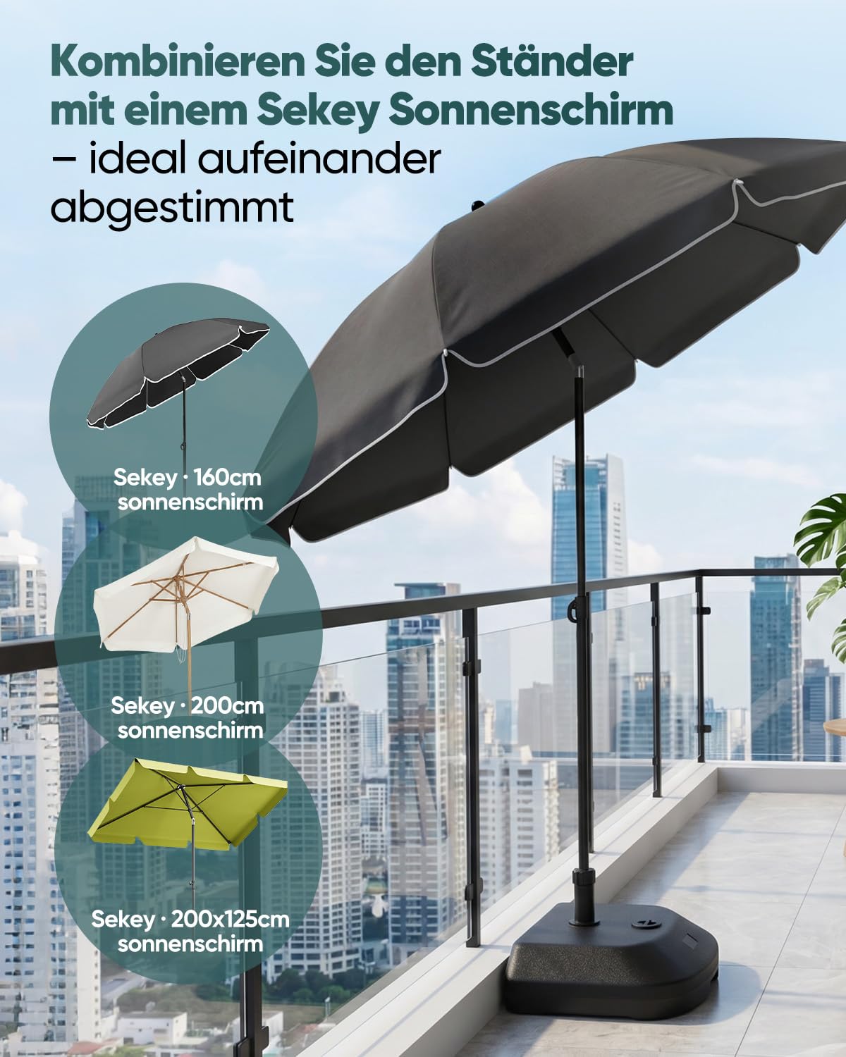 Sekey Sonnenschirmständer Balkon, Schirmständer Halbkreis mit 24L Fassungsvermögen, bis 32 kg Sand oder 24 kg Wasser, passend für Schirmstöcke 32-38 mm, standsicherer Boden für Gartenschirm