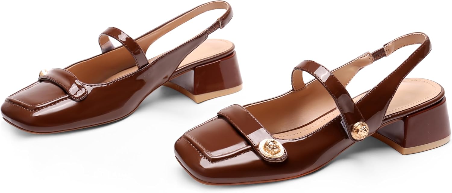 Slingback Mary Jane Heels for Women Low Block Heel Closed Square Toe Pump Shoes Heels Classic Daily Office Dressy Shoes - Image 5