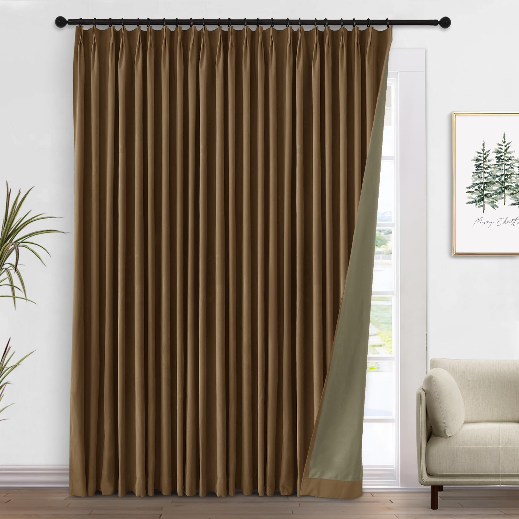 Macochico Extra Wide Velvet Full Blackout Curtains for Living Room Bedroom Sliding Door Nursery Pinch Pleated Drapery Christmas Velvet Drapes with