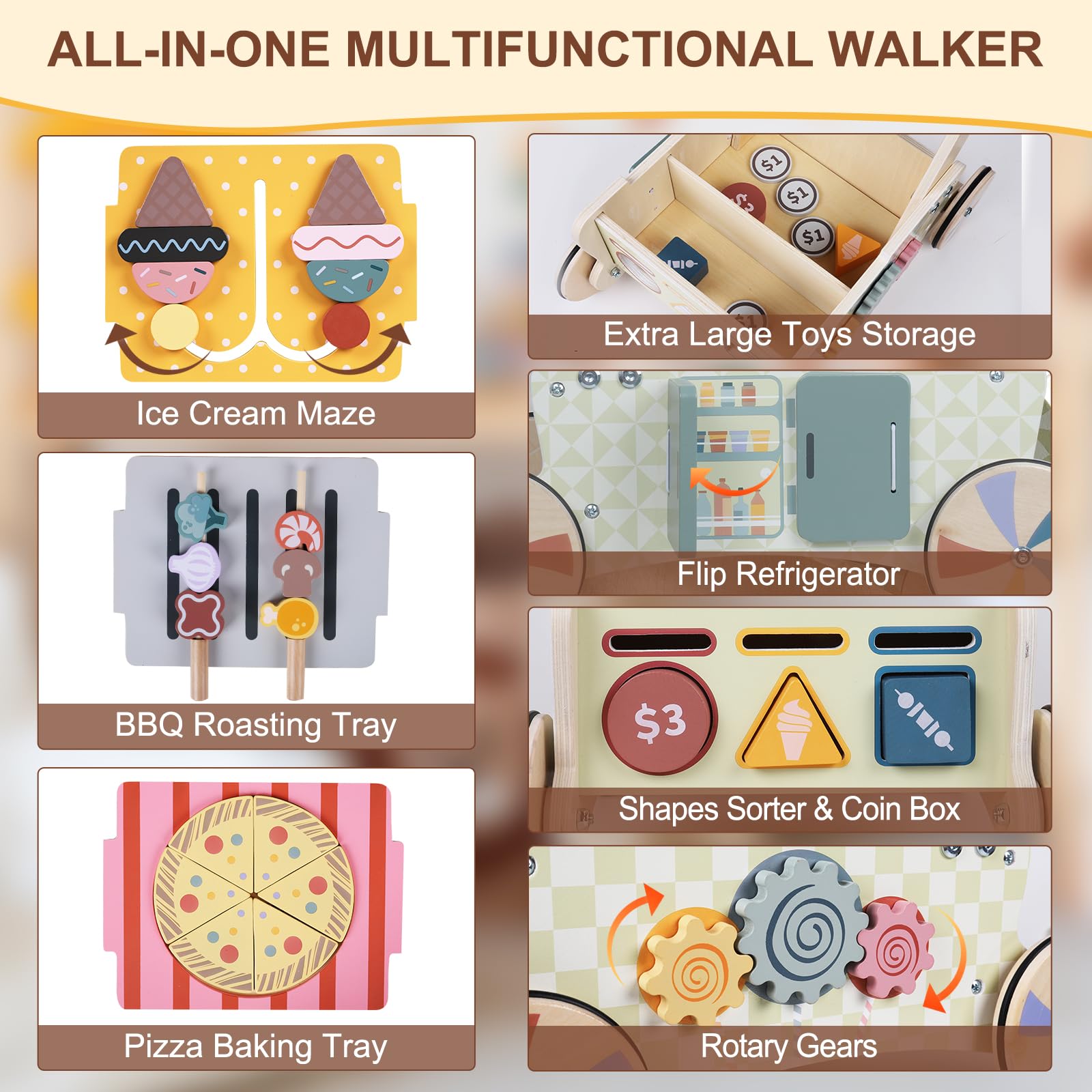 Kitchen Montessori Walker z drewna, zabawka Baby Walker z regulowaną prędkością