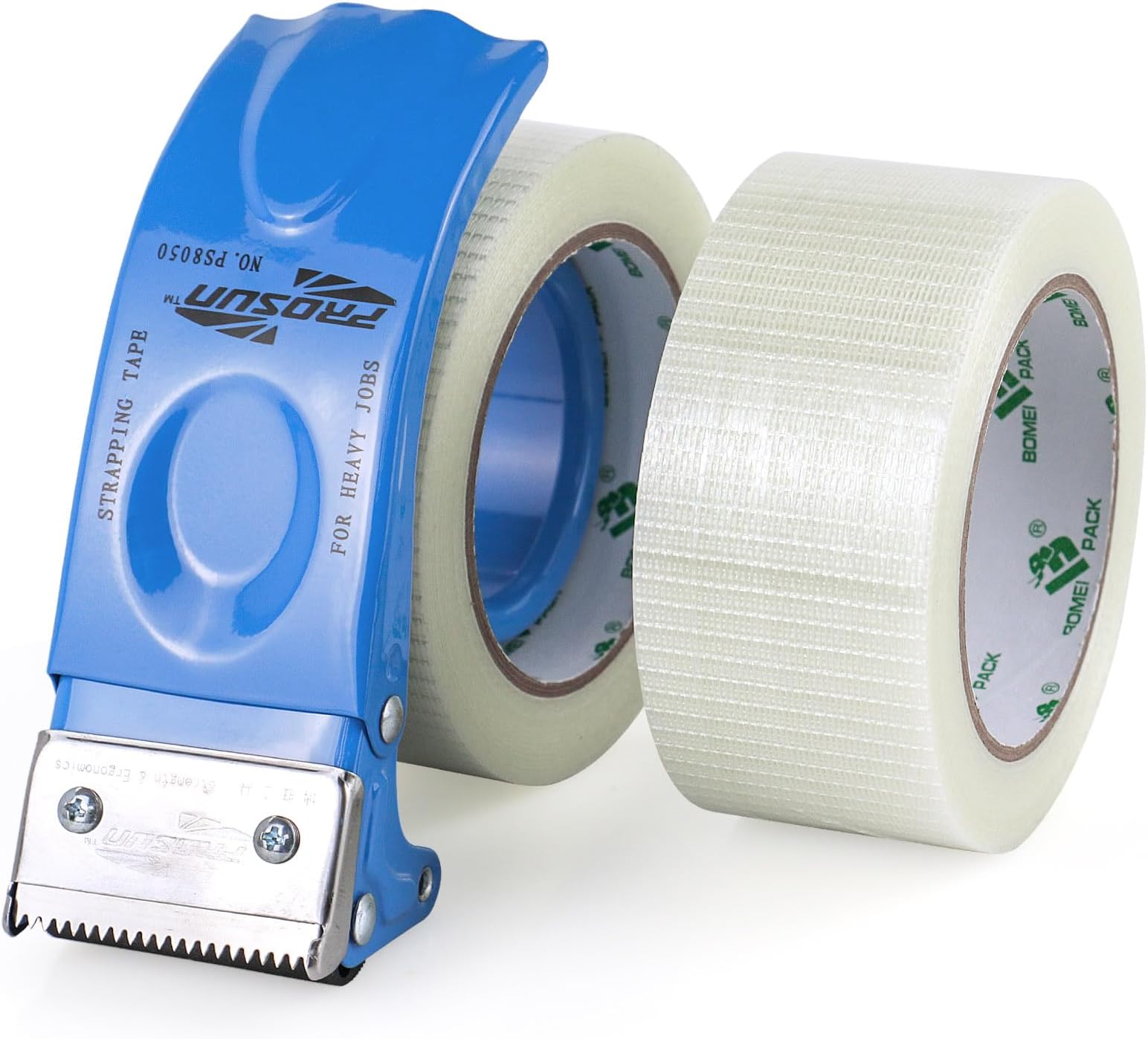 BOMEI PACKStrapping Tape with Dispenser, Bi-Directional Fiberglass Reinforced Packing Tape for Shipping, 2Rolls x 6.7Mil x 2Inch x 30Yds, Total 60Yds