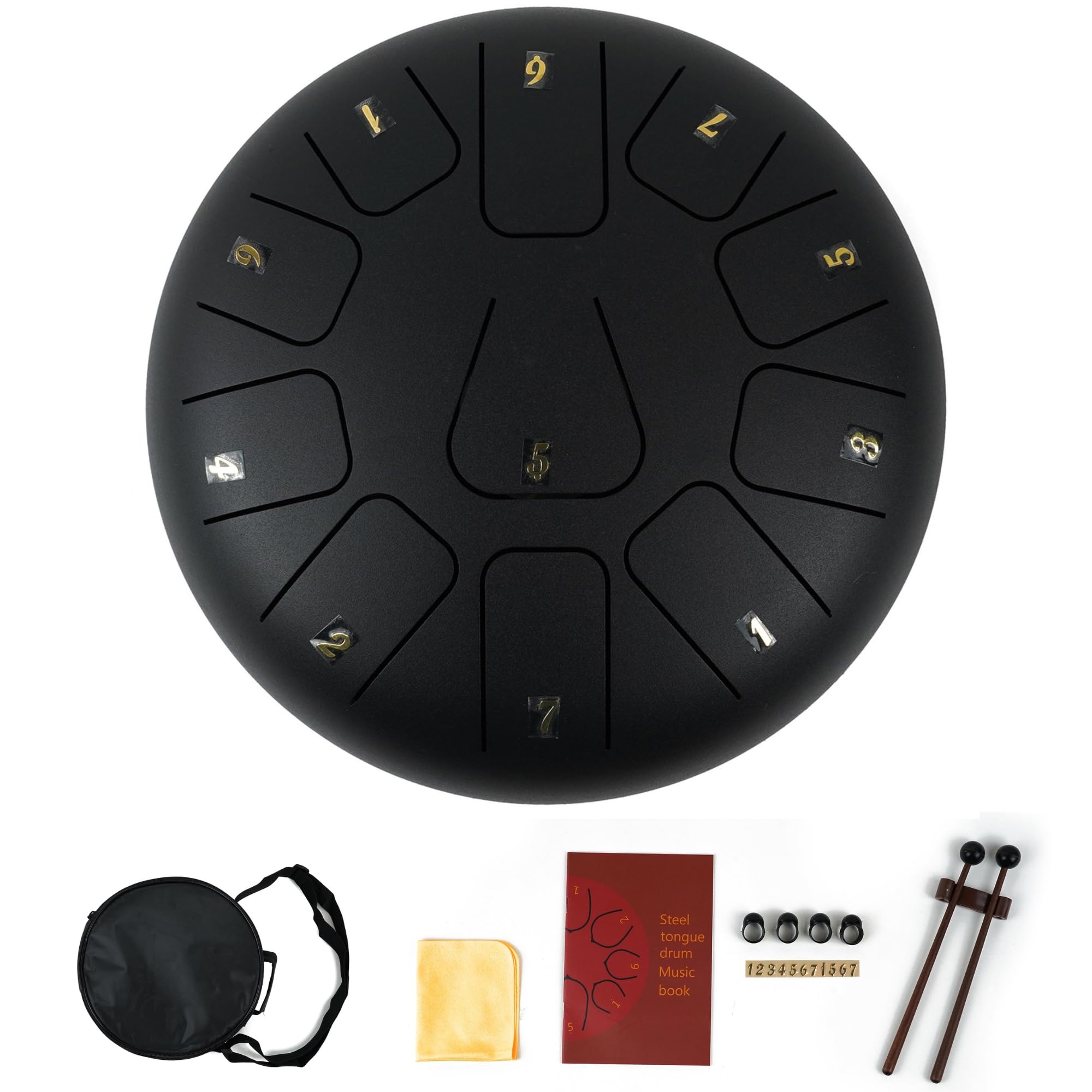 11 Notes 8 Inch Black Alloy Steel Tongue Drum - Perfect Percussion Musical Instrument for Kids and Adults - Handpan Drum for Meditation, Yoga - Includes Mallets, Finger Picks & Travel Bag-image-7