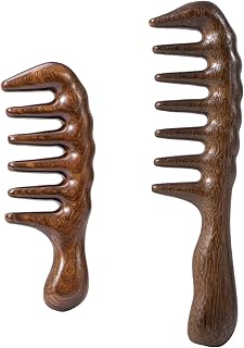 Wooden Wide Tooth Comb for Curls, 2 Pcs Thicken Natural Sandalwood Hair Combs for Women and Men, Detangles Long Thick Wet or Dry Hair, Head Scalp Massager, Anti-static (Golden, Long&Short)