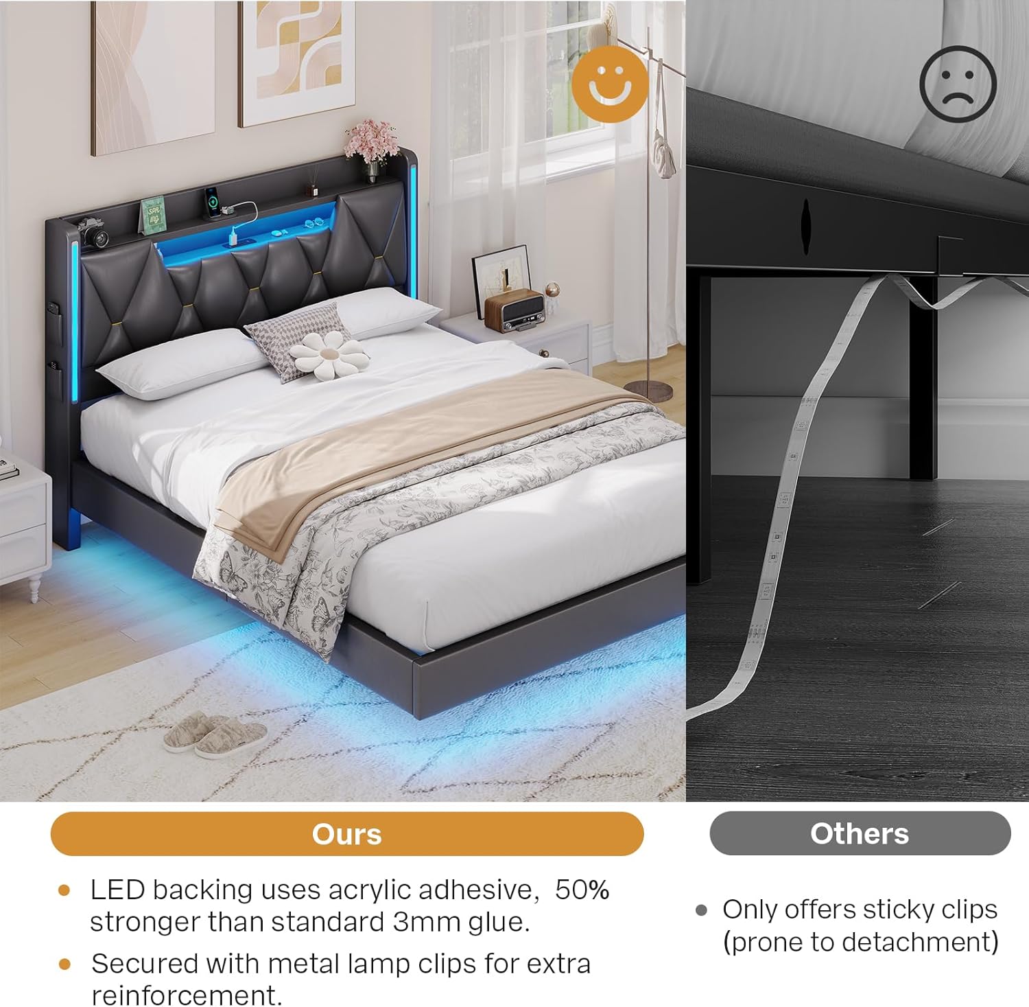 Floating Bed Frame Queen Size with Hidden Storage Headboard,Upholstered Metal Platform Bed with LED Lights and Charging Station,Heavy Duty, Noise-Free,No Box Spring Needed,PU Black