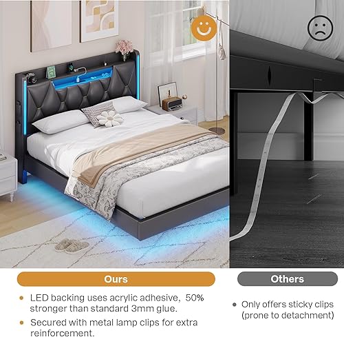 Miniatura 7 de Base de cama flotante Queen con cabecera de almacenamiento, marco de cama Queen con almacenamiento oculto, 4 bolsillos, cama tapizada con luces LED