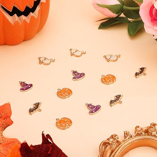 Miniatura 3 de LUTER 40 dijes de Halloween DIY, dijes de aleación multicolor de Halloween, calabaza, murciélago, patrón de sombrero de mago espeluznante, dijes de