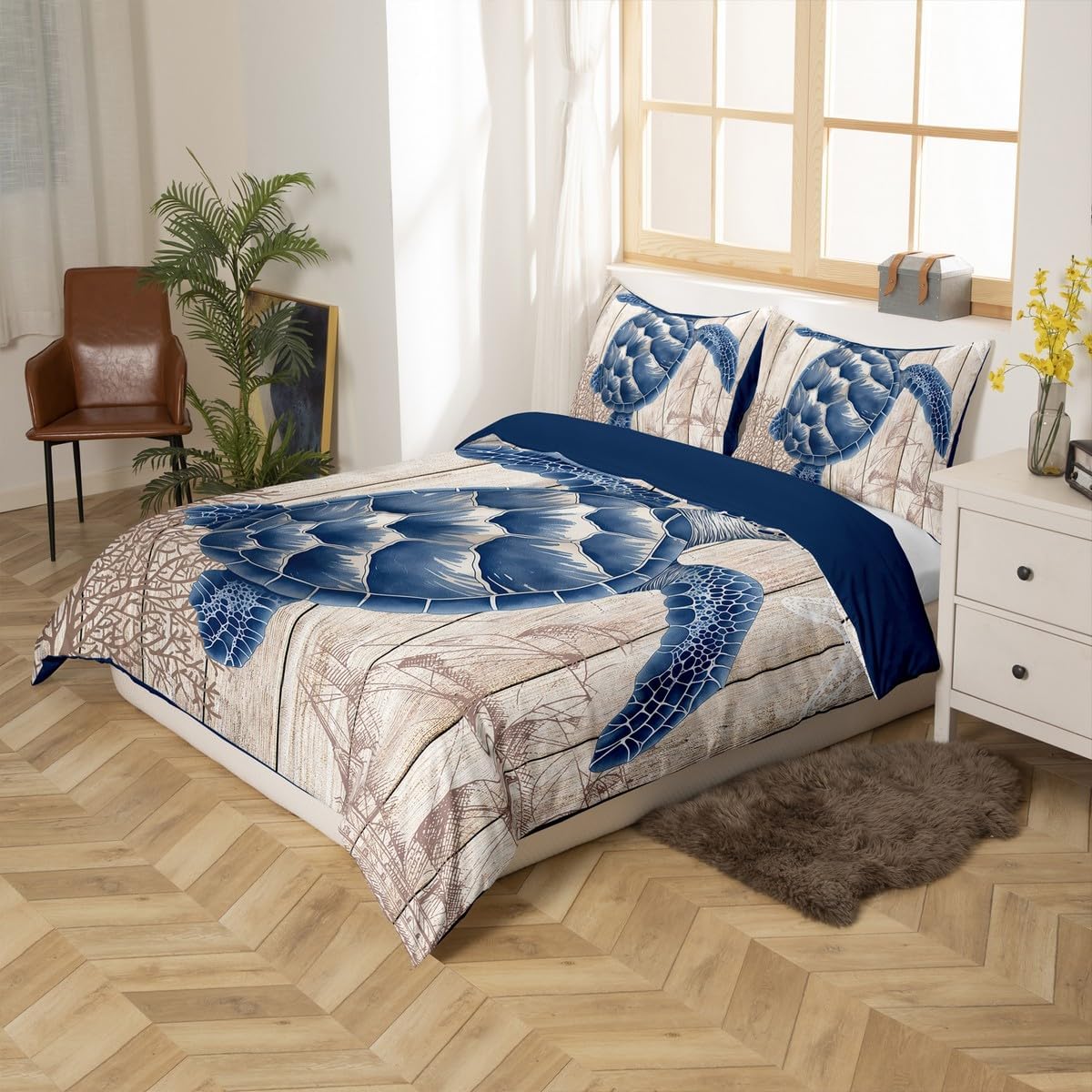 Sea Turtle Duvet Cover Toddler,Navy Ocean Animals Comforter Cover with 1 Pillowcase,Nautical Ocean Compass Bedding Set 2pcs for Kids Boys Girls,Coastal Farmhouse Style Quilt Cover,Not Comforter