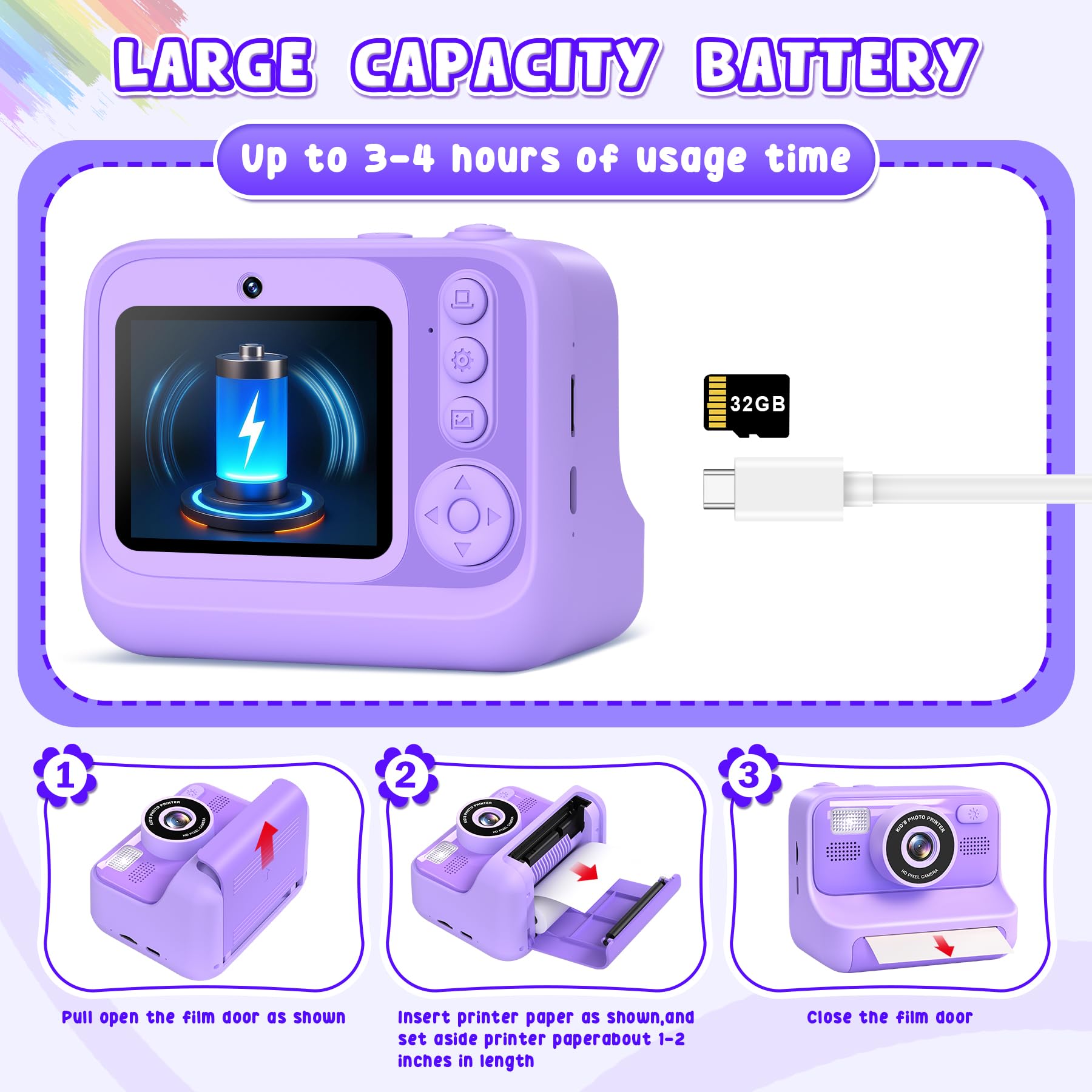 Subtail Appareil Photo Instantané Enfant - 2.4 Écran Appareil Photo Numérique Enfant avec Mode Selfie et Carte 32GB et Papier d'impression - Cadeau Jouet pour Enfant Garçons Filles de 3-12 Ans -Violet
