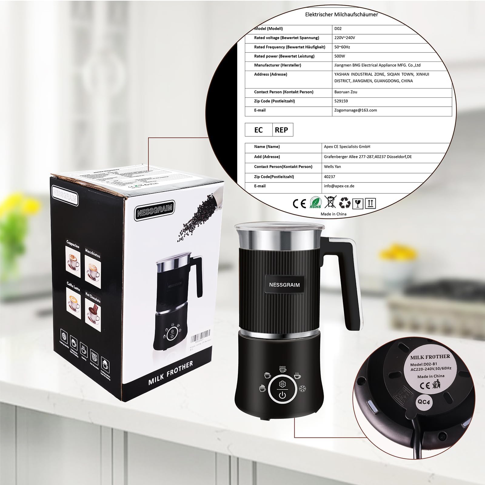 Milchaufschäumer Elektrisch 5-in-1, Milchschäumer Spülmaschinenfest mit Kakao Funktion für heißer Schokoladen, Heißer/Kalter Milchschaum, Warme Milch, 220V (Schwarz)