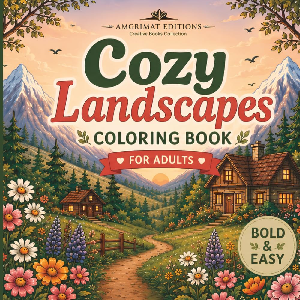 Cozy Landscapes Coloring Book for Adults: Bold and Easy Relaxing Nature Scenes, Mountains, Cabins, Forest Paths & Peaceful Countryside Designs