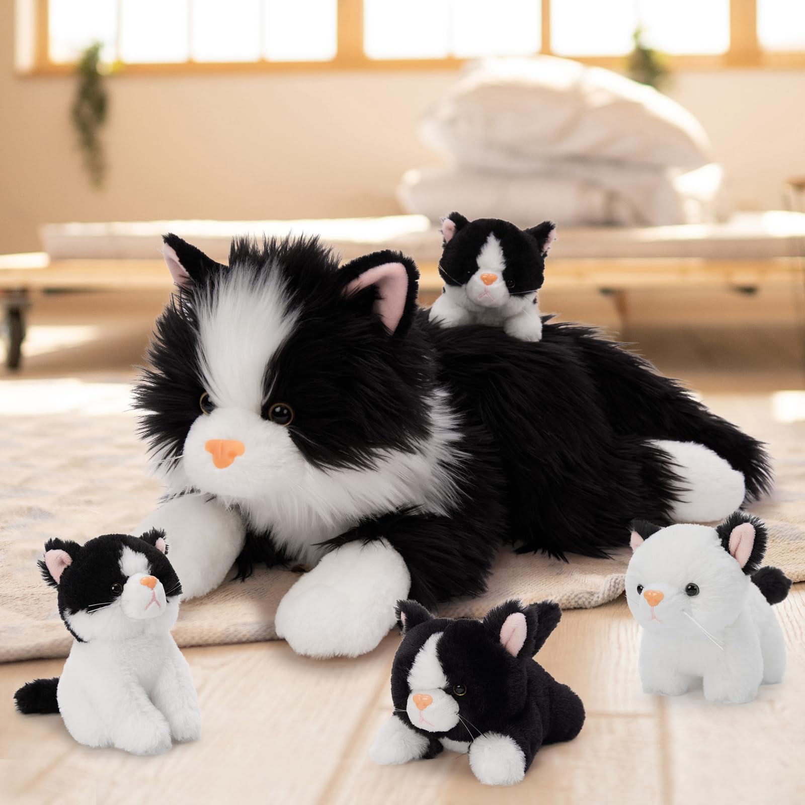 MorisMos Gatto Peluche con Cuccioli nella Pancia, Realistico Gattino Pupazzo Giocattolo di Peluche Grande Morbido Kawaii, Carino Regalo per Bambini Ragazza Ragazzo Compleanno Natale (50cm)
