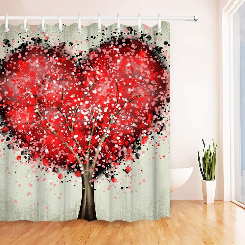 Tree of Life Shower Curtain Fabric Red Heart Shaped Bathtub Curtain Abstract Landscape Bathroom Curtain 12 Hooks 72"x72"