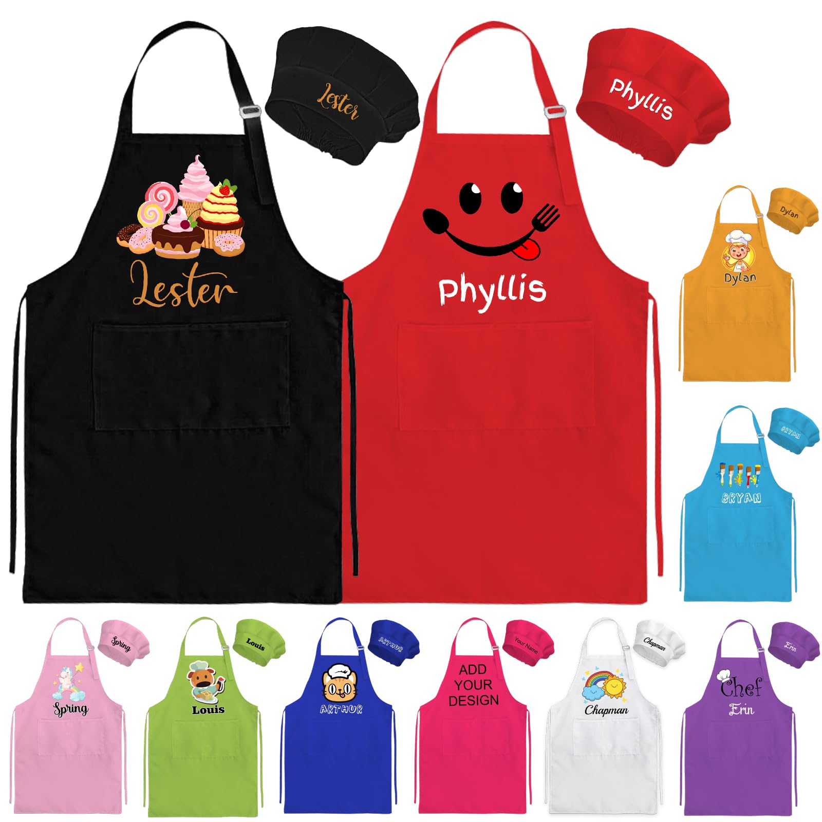 YanNanKe Delantales Personalizados para Niños Gorro y Delantal de Cocinero Delantal Infantil con Nombre Personalizado para Cocinar Hornear Pintar en la Cocina