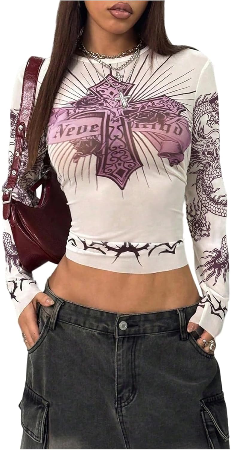 WDIRARA Women's Cross Dragon Graphic Sheer Mesh T Shirts Long Sleeve See Through Tee Y2k Goth Crop Top