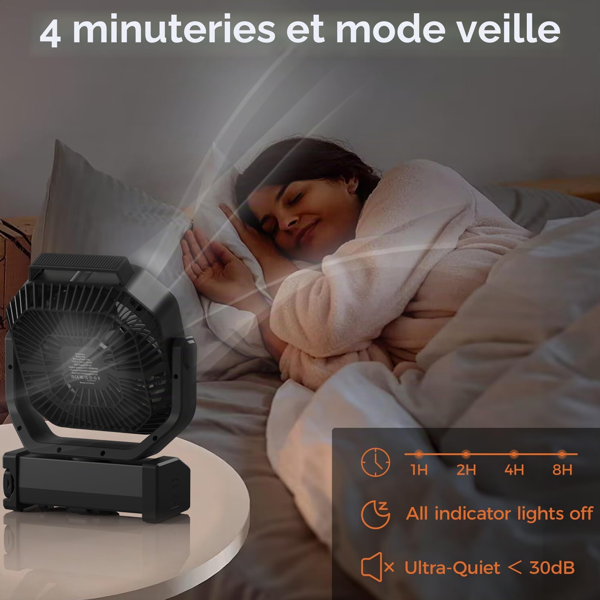 Ventilateur de camping avec lumière, 20 000 mAh, 112 heures d'autonomie maximale, 9 vitesses, minuterie, oscillation automatique -D22