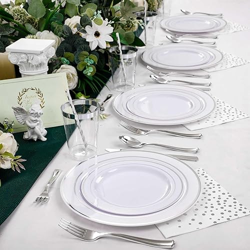 Miniatura 7 de Ciaell 250 platos de plástico plateado  Platos desechables de fiesta plateados  Los platos de plástico blanco y plateado incluyen 50 platos, 75