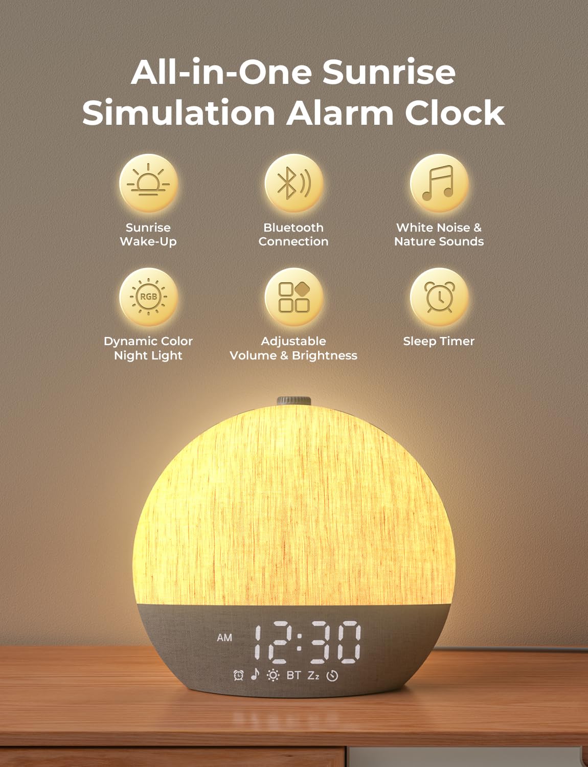LIORQUE Réveil Lumineux Simulateur d'Aube, Reveil Simulateur d'Aube sur Lampe de Chevet, 17 Modes d'éclairage, 30 Sons apaisants, Mode Sommeil, Connexion Bluetooth, avec Alarme et Fonction Snooze