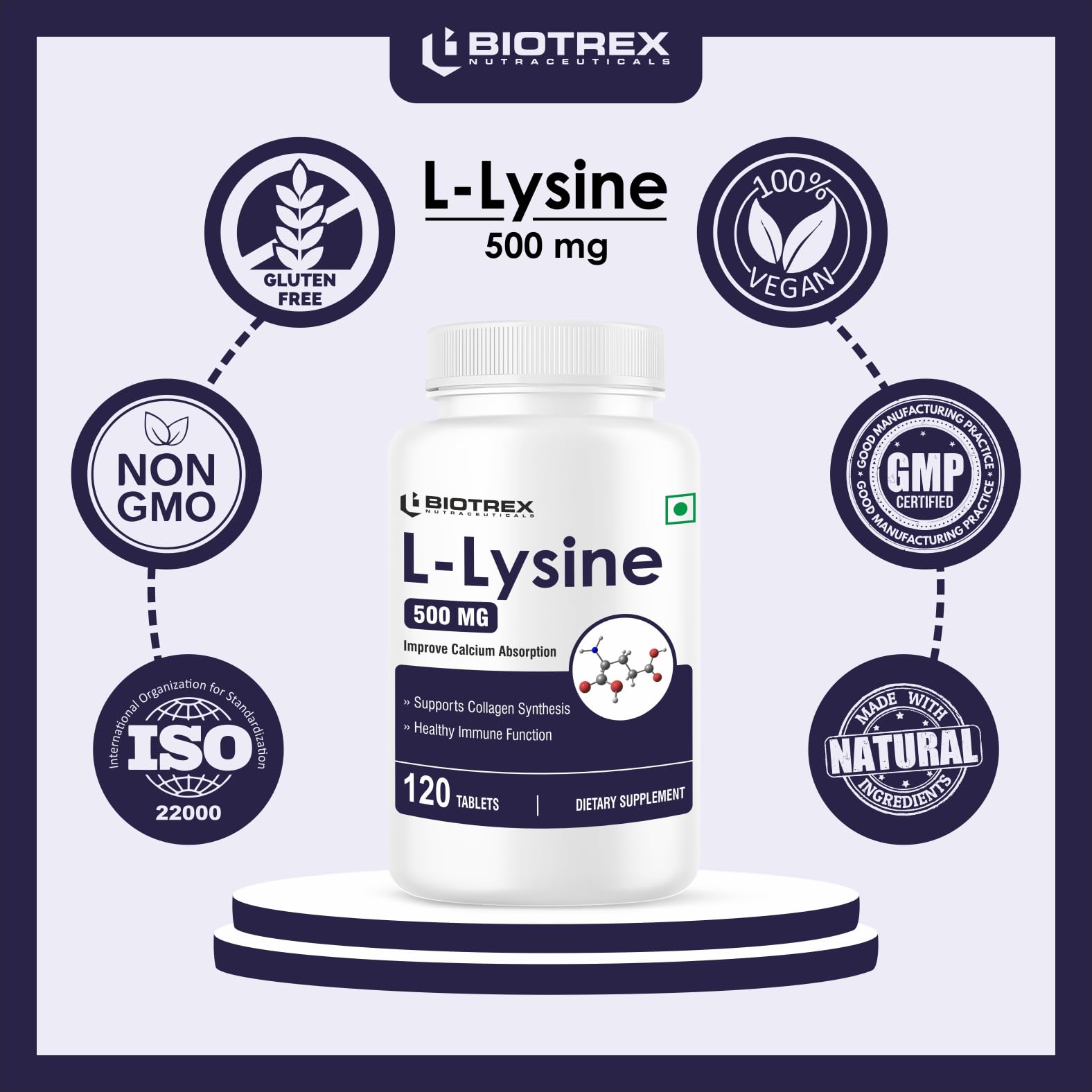 Biotrex Nutraceuticals L-Lysine 500mg | Supports Muscle Growth & Healing | Improve Calcium Absorption & Bone Health | Boost Immunity | L-Lysine Amino Acid | 120 Tablets 3