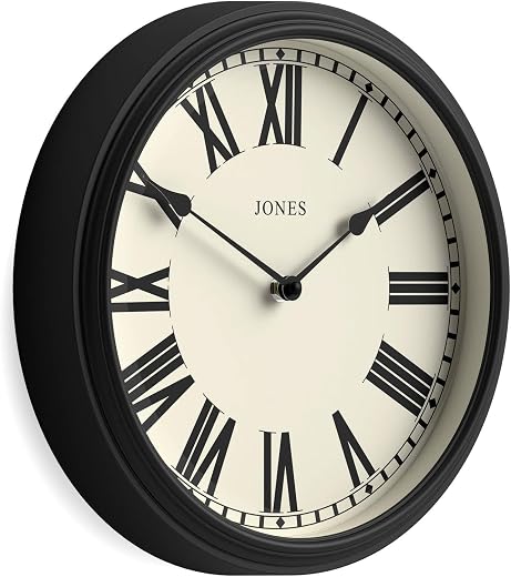 JONES CLOCKS® Hackney wall Clock | Classic Roman Numeral Clock | 12 inch | Black | Traditional Design for JONES CLOCKS® Hackney wall Clock | Classic Roman Numeral Clock | 12 inch | Black | Traditional Design for Kitchens, hallways or Living Spaces with Character.