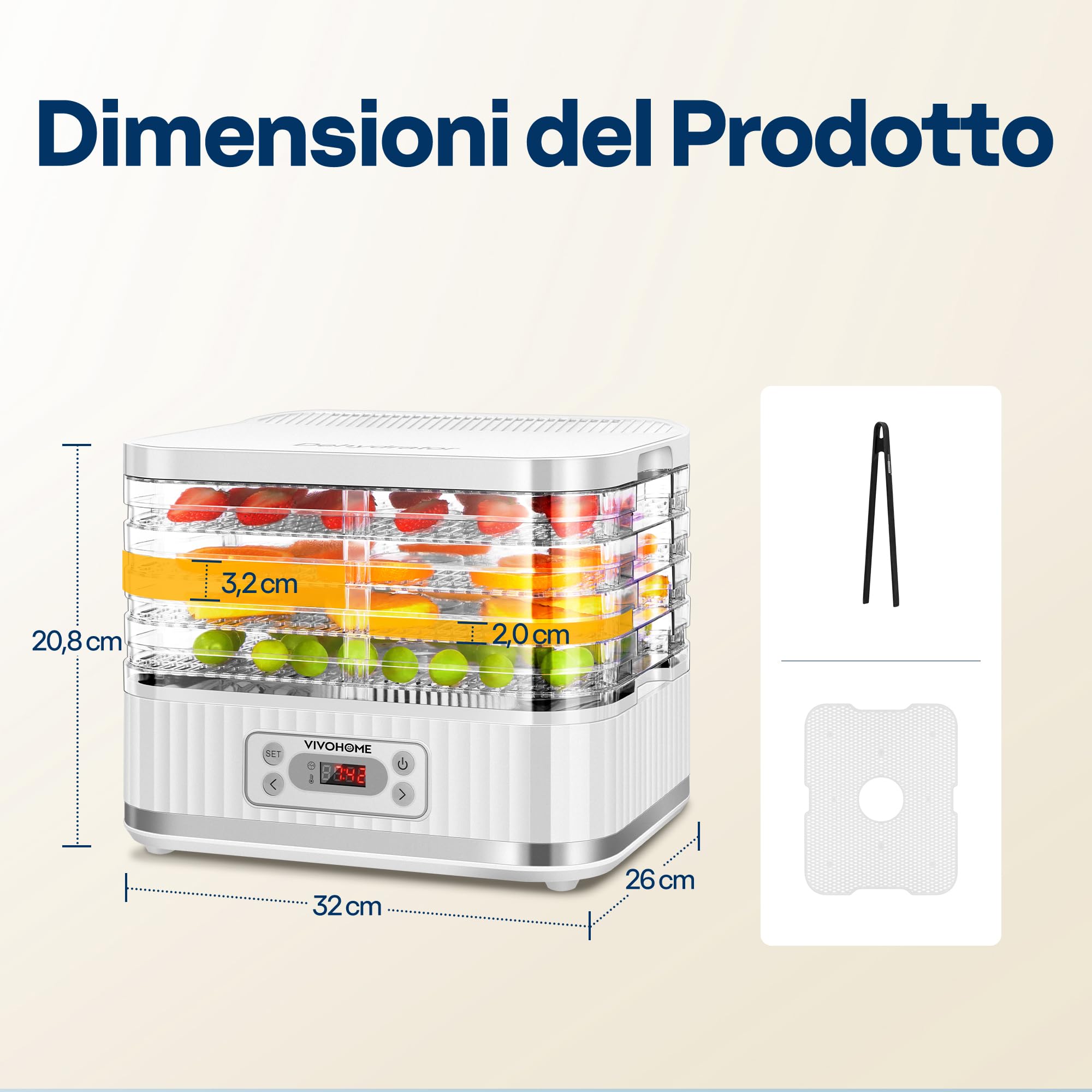 VIVOHOME Essiccatore Elettrico con 5 Vassoi 400W con Timer Digitale 72 Ore e Regolazione Della Temperatura per Frutta Verdura Carne Secca Erbe Manzo Funghi