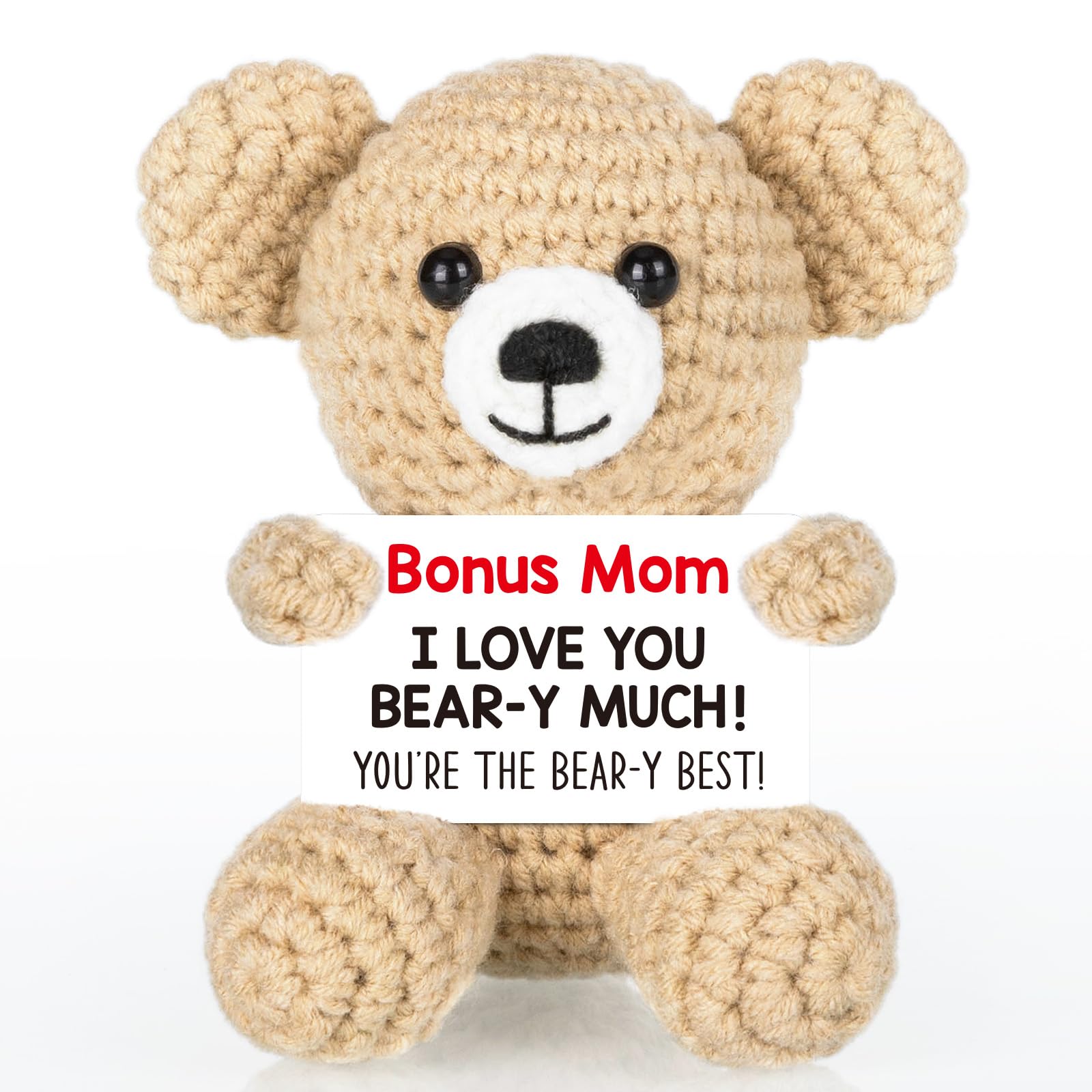 WELLBANEE Mother Gift Bonus Mom, Handmade Crochet Bear for Sentimental Mothers Day Birthday Present for Stepmom, Appreciation Keepsake for The Best Bonus Mom Ever, Small Desk or Shelf Décor Bear