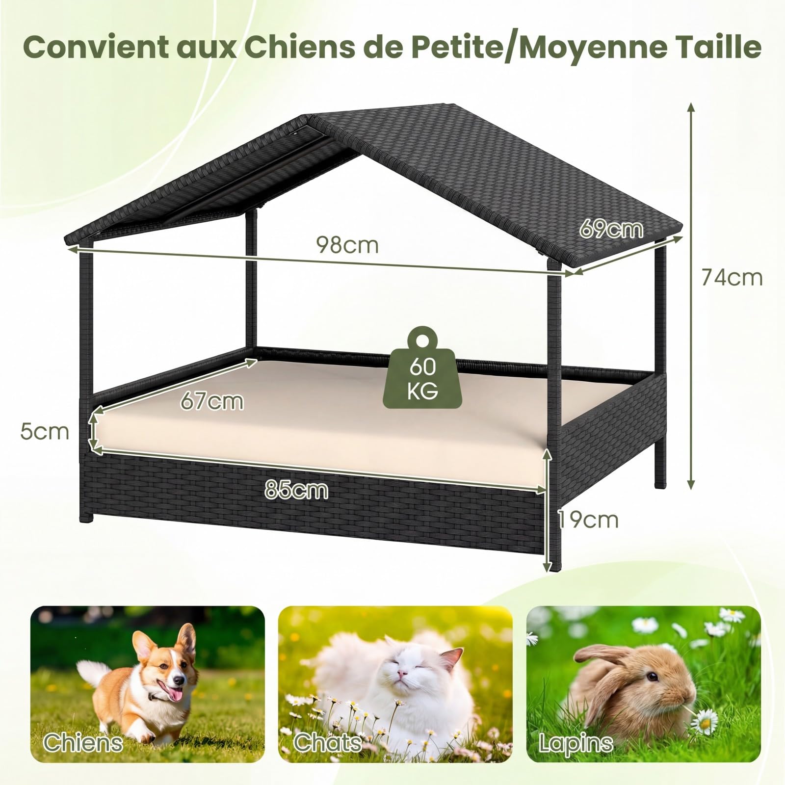 COSTWAY Niche pour Chien Exterieur Interieur en Rotin PE, Coussin Amovible, Charge 60 kg, Chenil pour Chien Exterieur, Cadre en Métal, Base Surélevé, pour Petits&Moyens, 98 x 69 x 74 cm (Beige)