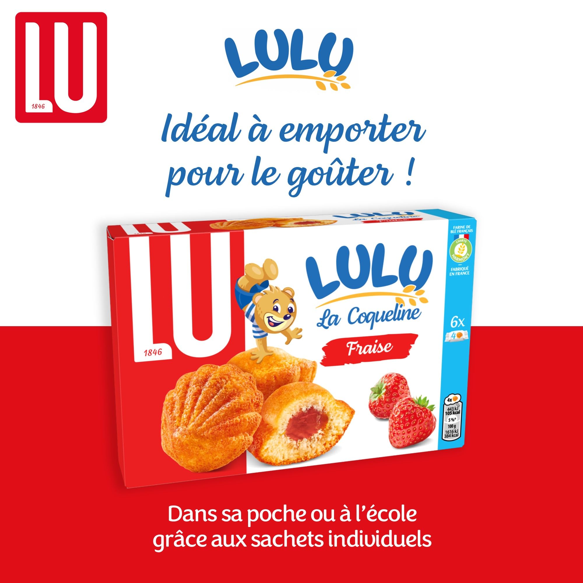 LU - LULU La Coqueline Fraise - 4 Boîtes de 6 sachets de 4 Gâteaux Lulu La Coqueline à la Fraise - Gâteau Moelleux Fourré à la Fraise - Idéal à Emporter pour le Goûter des Enfants - Lot de 4x165g