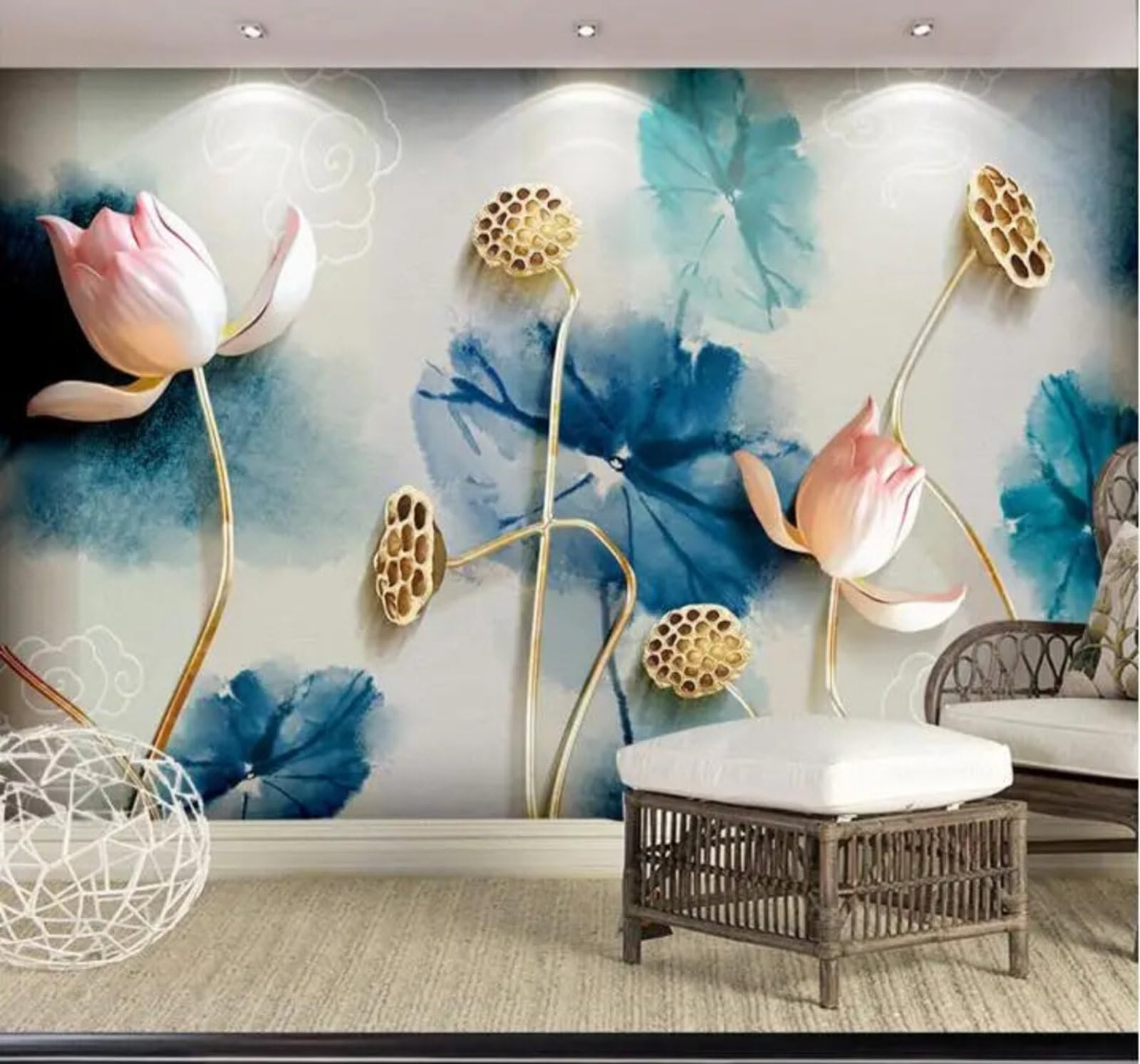 Wallpaper-3D-Xlm 200Cm×140Cm(B×H) Minimalist Relief Ink Wash Lotus Art 3D Wallpaper Easy Install Feature Office Living Room Sofa Bedroom Tv Background Wall Decoration-200Cm×140Cm