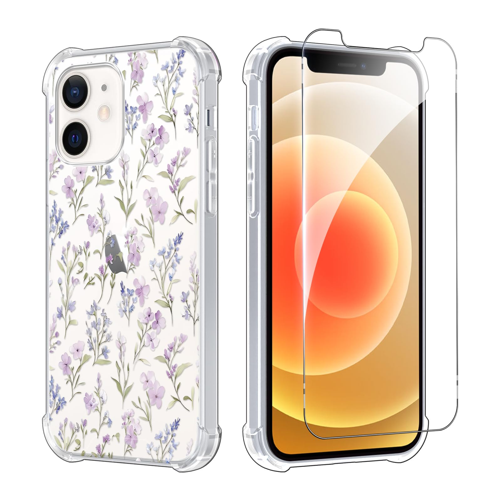 Coque antichoc iPhone 12 Pro transparente fleurie avec protège-écran rigide