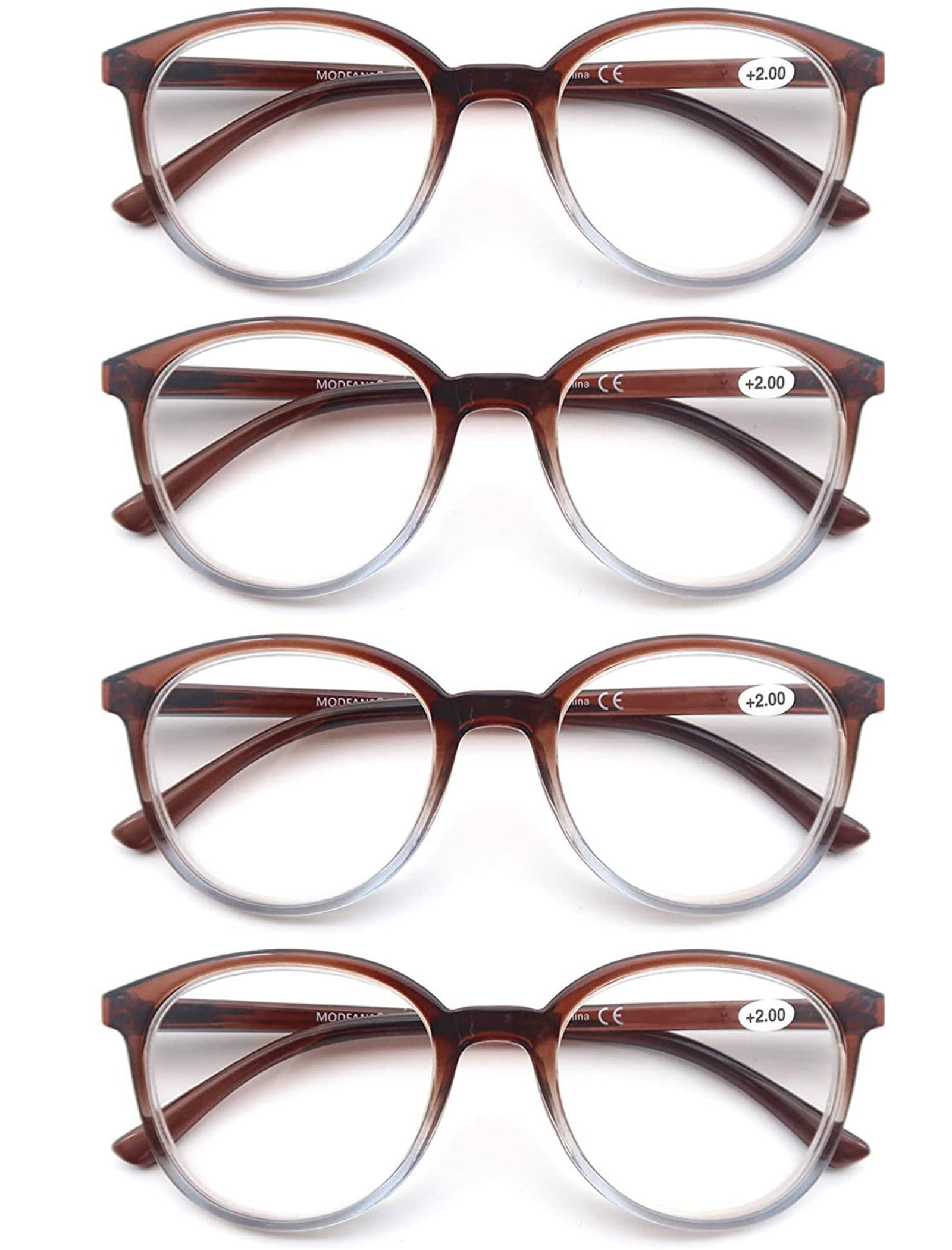 MODFANS Unisex Reading Glasses, Round Frame, Set of 4, Brown, +2.0 Strength