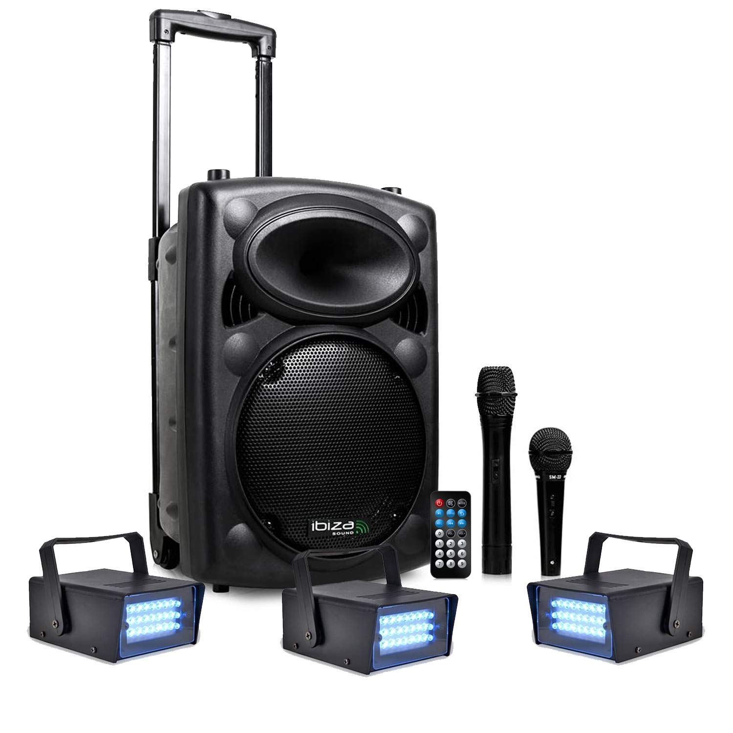 Enceinte Active DJ IBIZA PORT10VHF-BT Karaoké Mobile 500W USB/MP3 +3 Mini strobes Lytor, Sono DJ PA Fete Soiree
