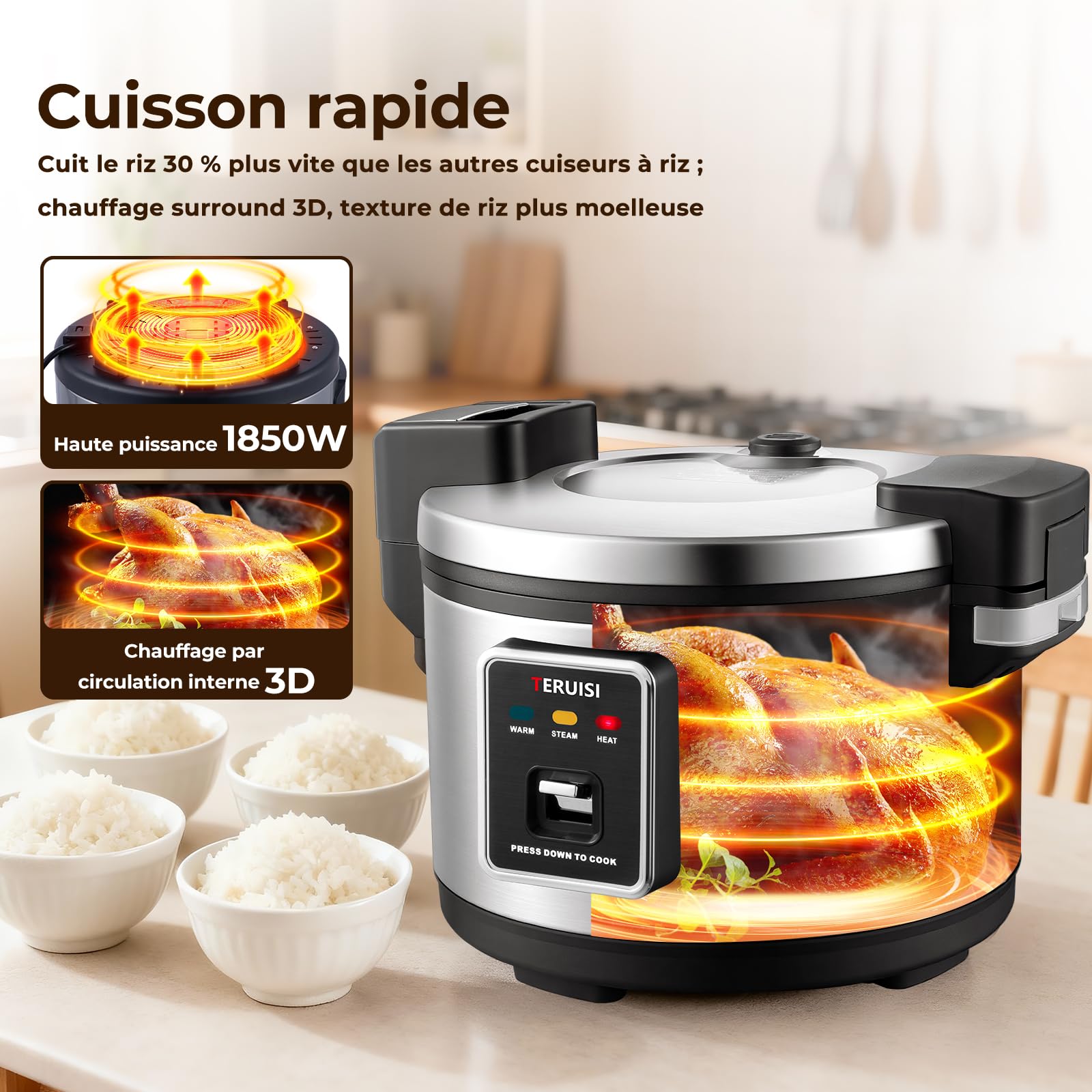 Cuiseur à Riz Professionnel 10 L 1850 W, Cuiseur de Riz Électrique Grande Capacité, Maintien au Chaud, 50 Tasses de Riz Cuit, Cuve Antiadhésive, Cuisson Rapide pour Restaurant, Traiteur
