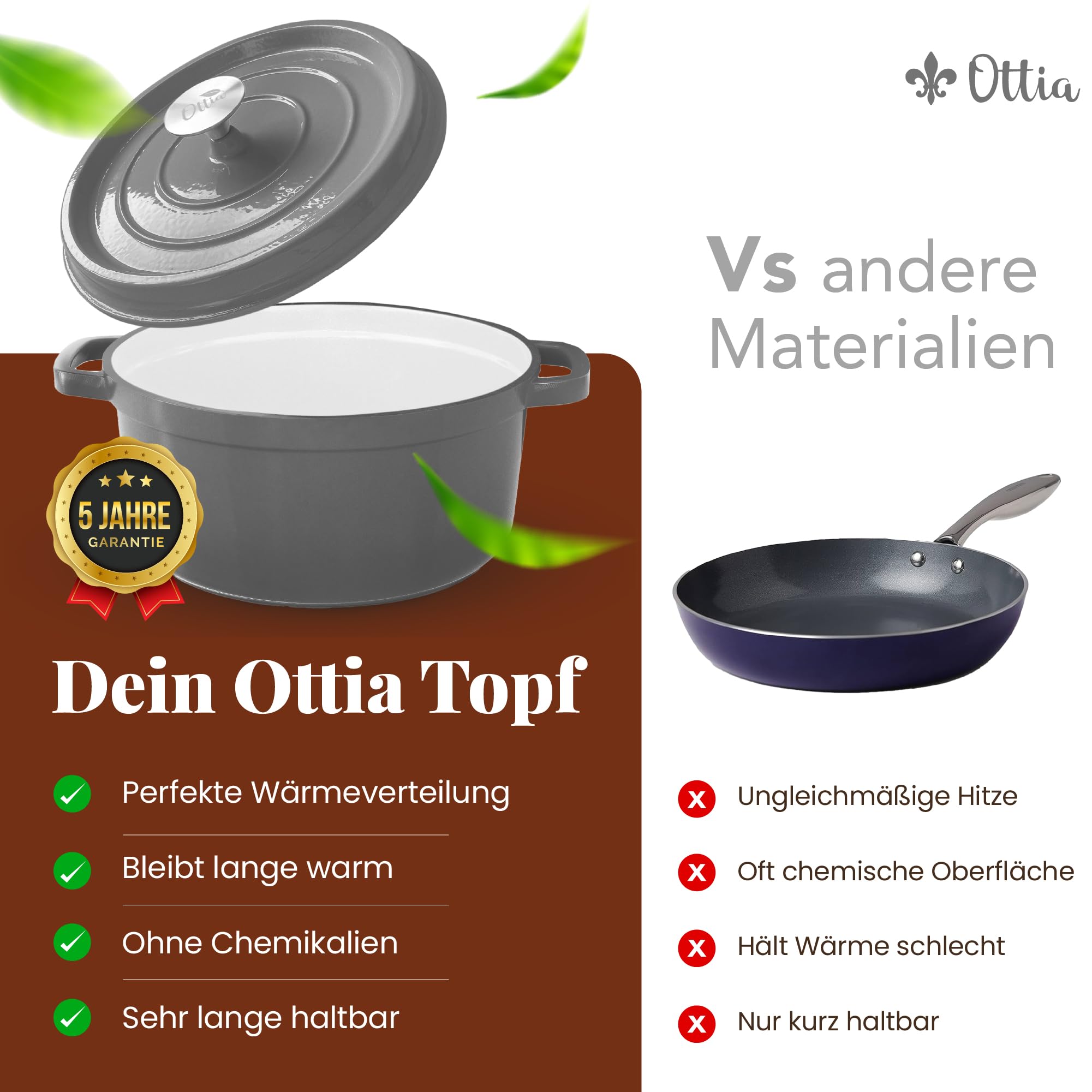 Ottia Cocotte en fonte, 26 cm, 5 litres, émail de qualité supérieure, cocotte avec couvercle, tous types de feux (y compris induction), passe au four
