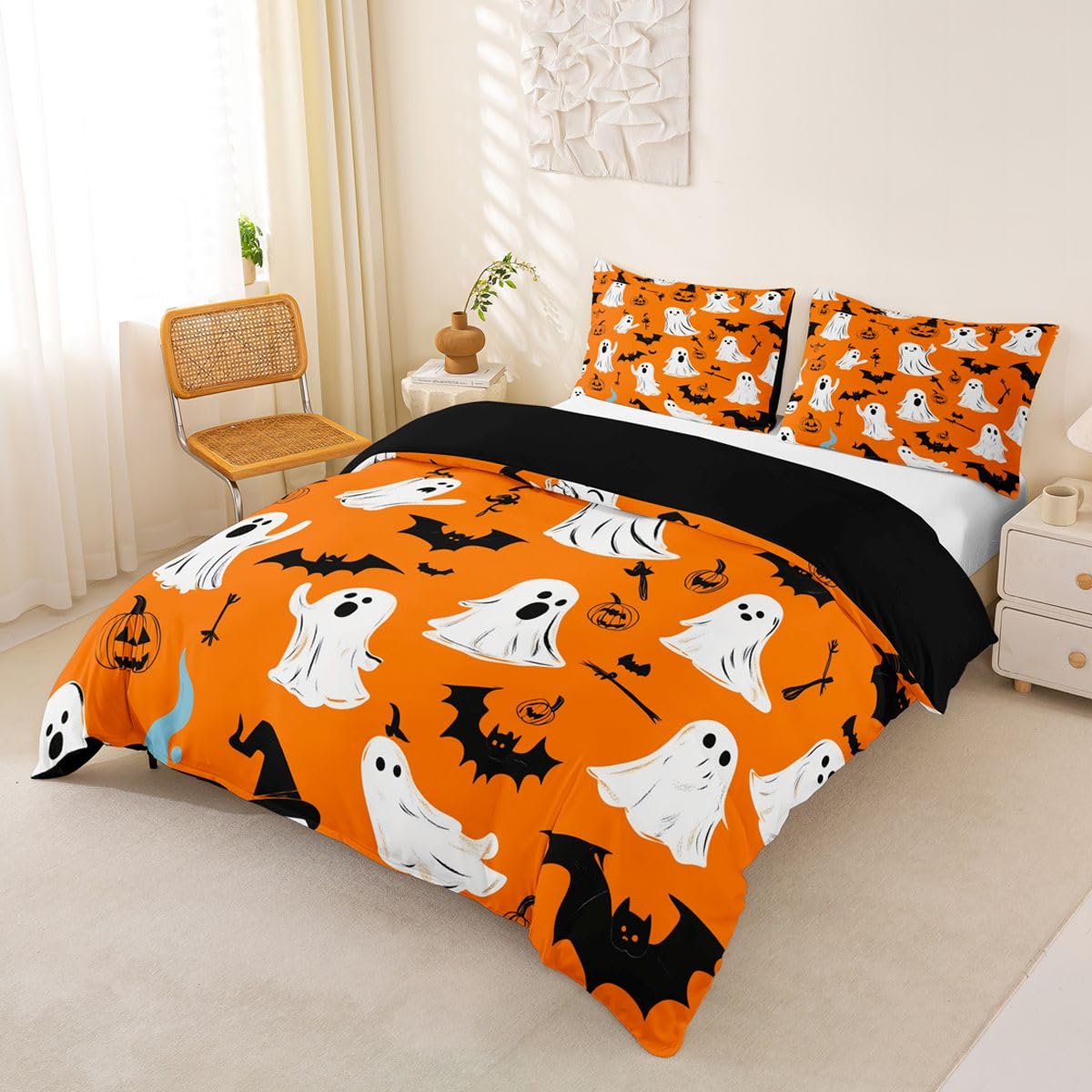Loussiesd Happy Halloween poszewka na kołdrę super king size chłopcy dziewczęta pajęczyna duch nietoperz dynia zestaw pościeli oddychająca miękkie pomarańczowe tło narzuta na łóżko 3 szt. dekoracja