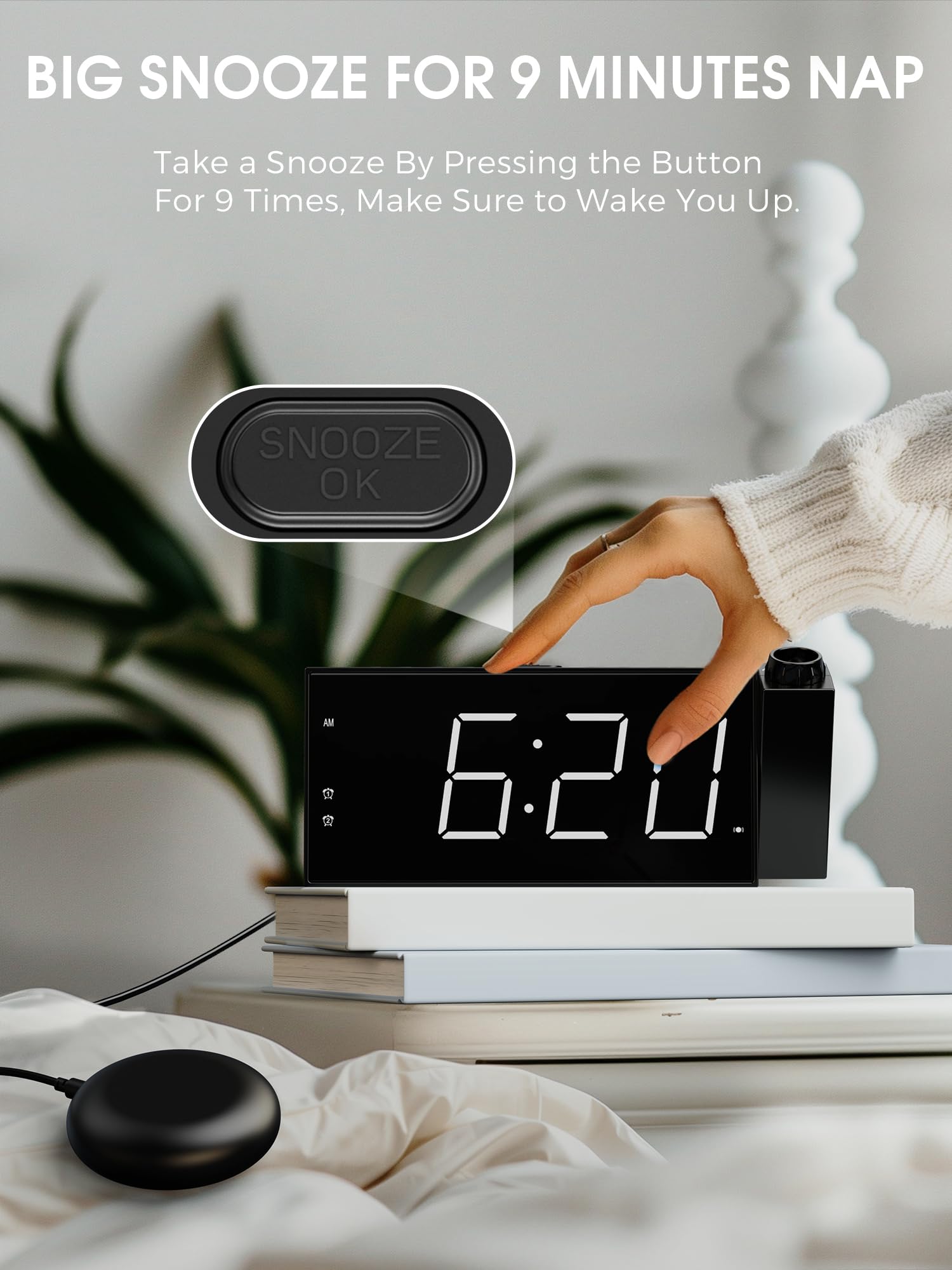 Sveglia A Vibrazione Digitale Con Vibratore per Sordi, Proiezione per Camera da Letto, Doppie Sveglie, Luminosità Regolabile, Volume, Porta USB, Bianco