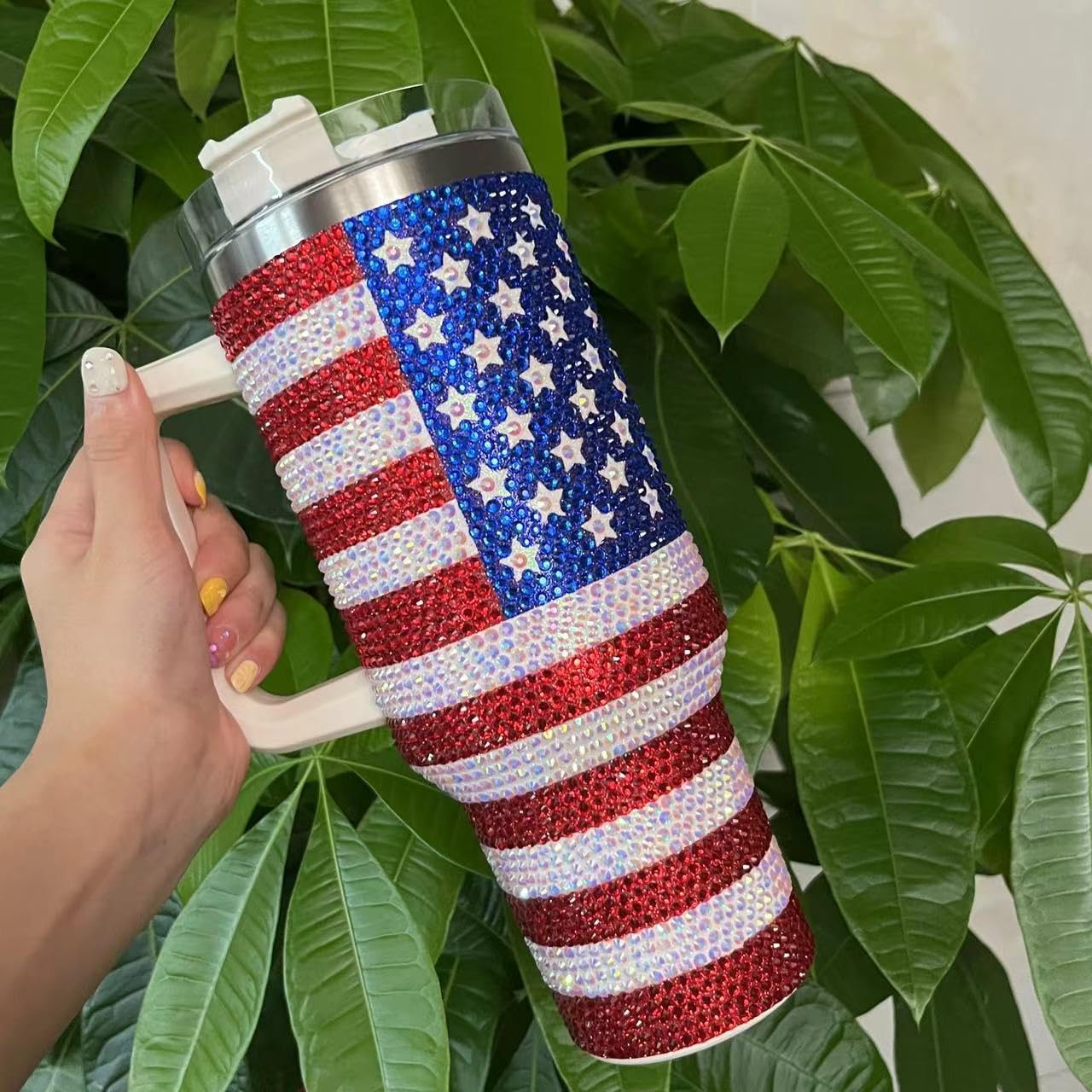 40 Oz Water Bottle for Stainless Steel Tumbler with Handle, Travel Mug - USA Flag Double Insulated Coffee Travel Mug - Full Bling - Image 4
