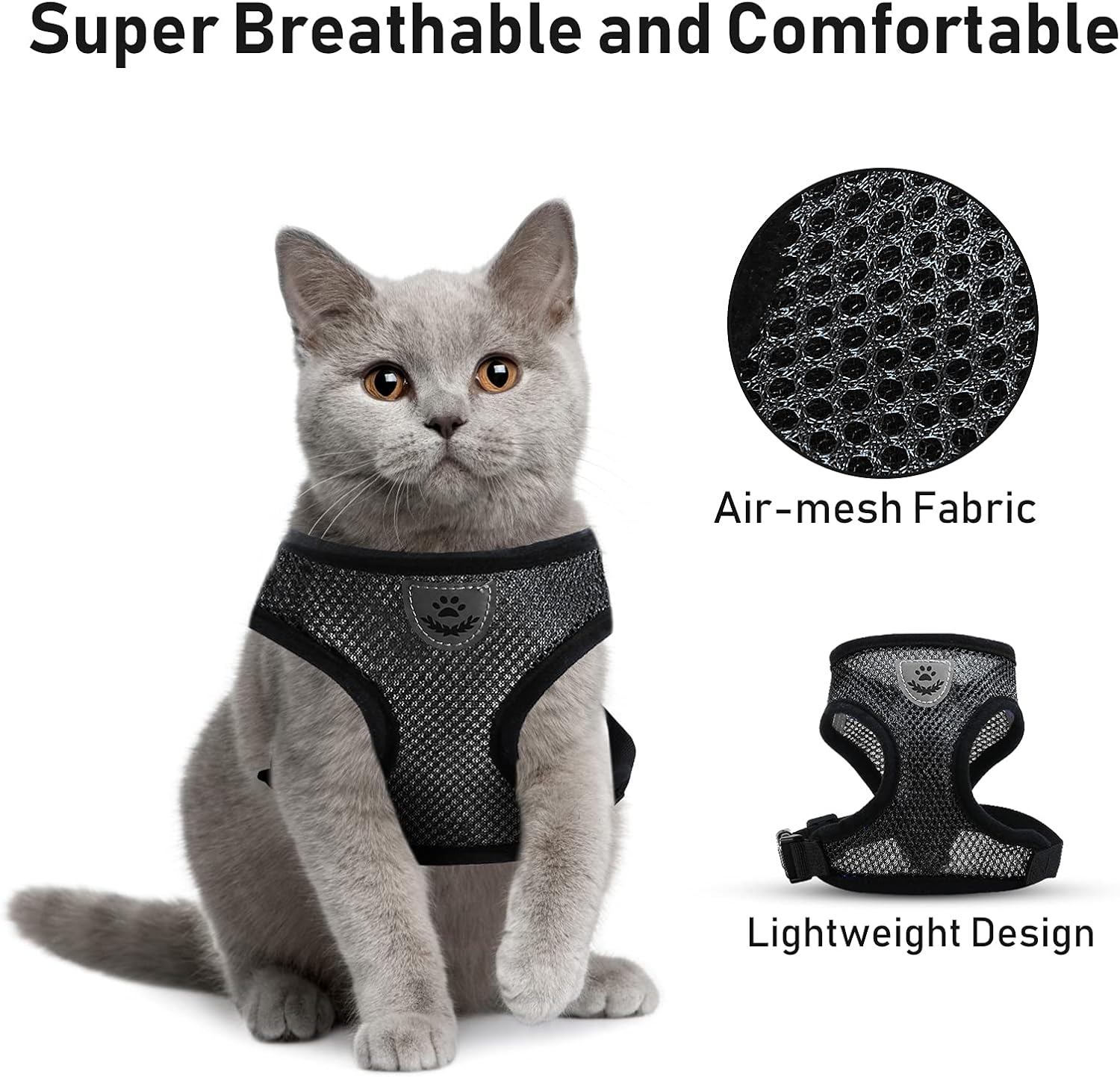 Cat Harness and Leash Set - Escape Proof Adjustable Soft Cat Puppy Vest Breathable with Reflective Strips, Easy Control Cat Jacket for Small, Medium, Large Cats Outdoor Walking(Black Color, M Size)