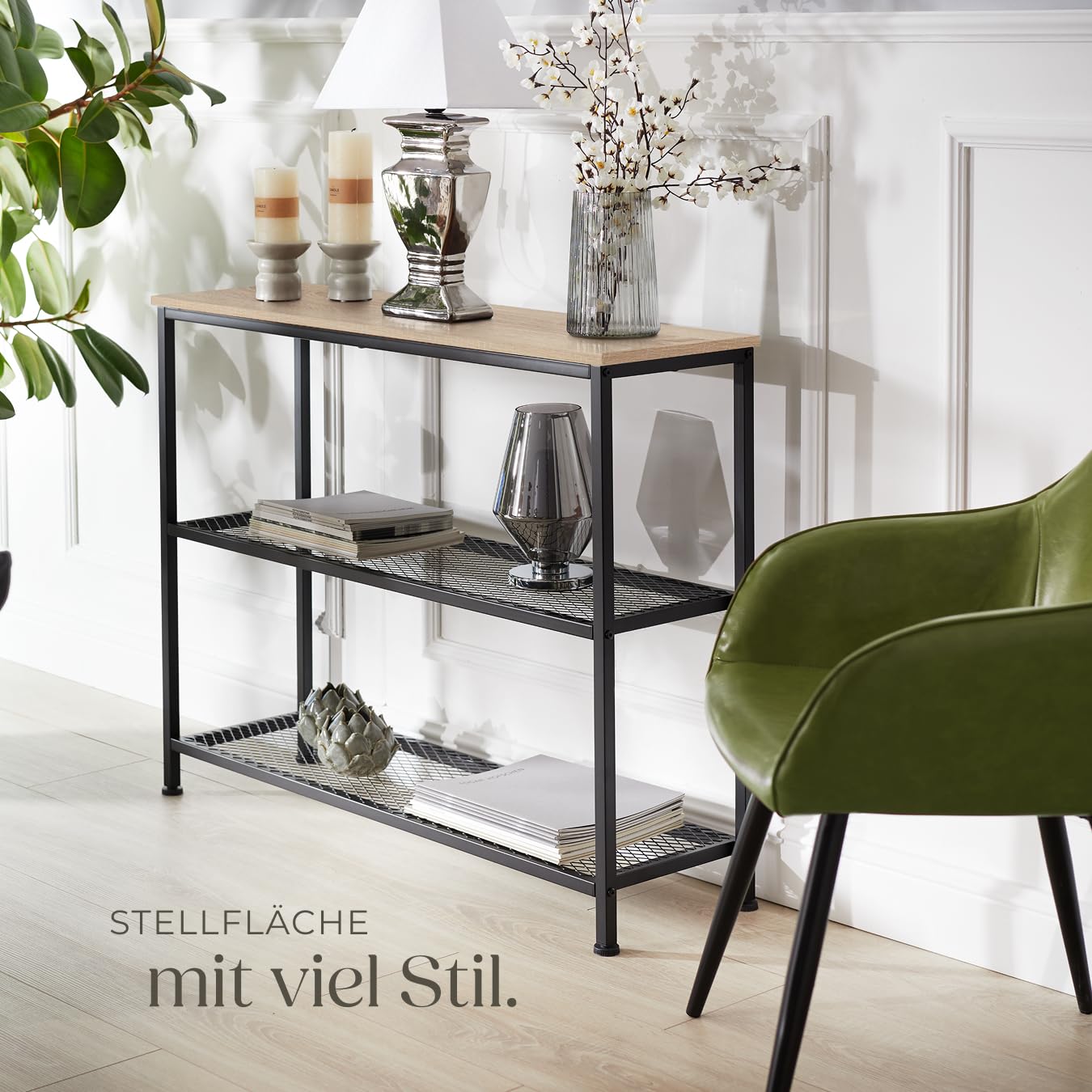 tectake® Industrial Konsolentisch schmal, Bartisch Konsole, Kommode mit 2 Ablagen, Beistelltisch für Wohnzimmer Flur, Sideboard, Regal oder Blumenbank - Industrial Holz hell, Eiche Sonoma