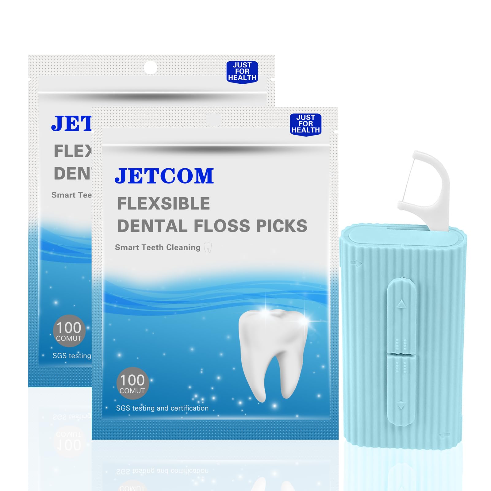 Jetcom Travel Portable Dental Floss Dispenser,Blue Portable Floss Dispenser Case(A Box),Floss Container Refill Pack(Two-Pouch),Total 210 Count High Toughness Adult Floss Sticks.(Blue+Sacks)