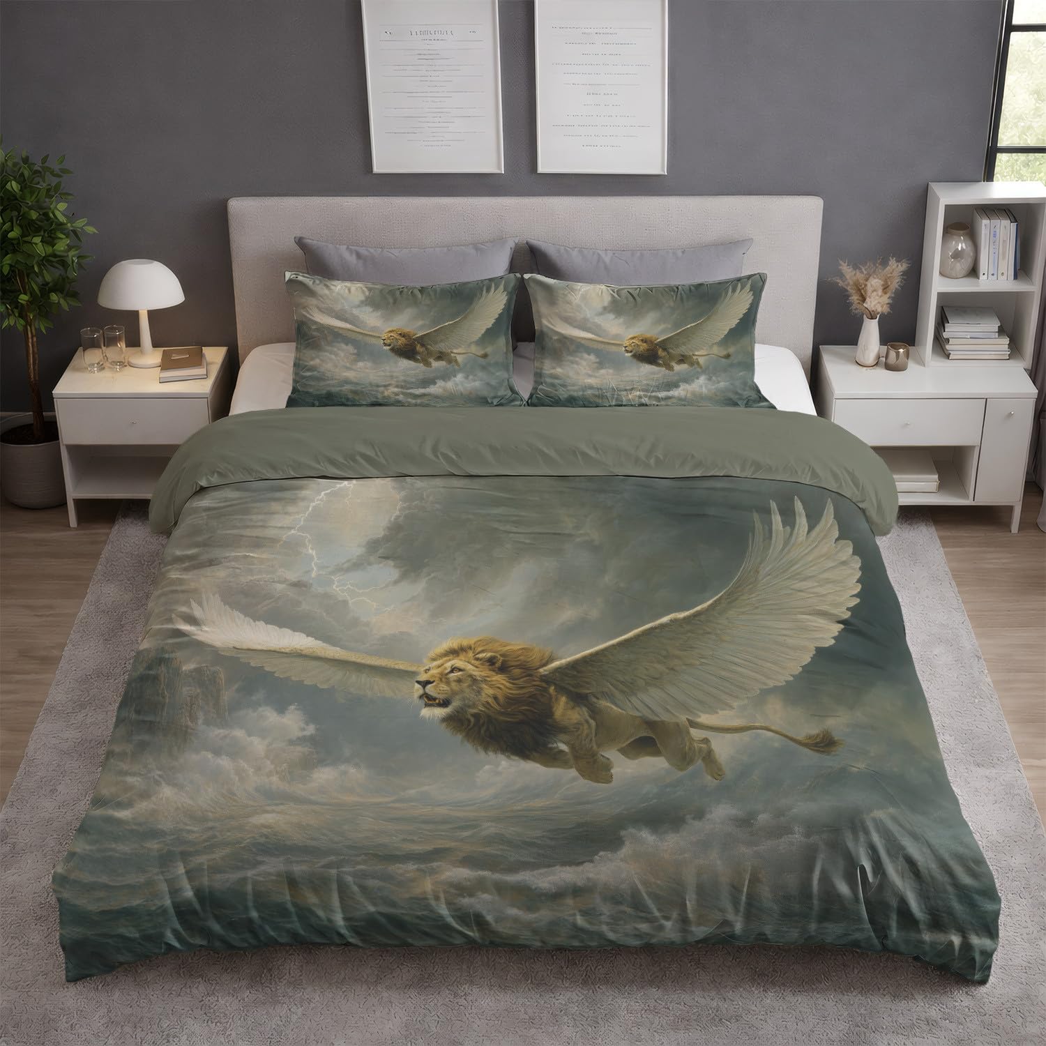 Generisch Pościel 140 x 200 cm, Aesthetic jasnobeżowa pościel dla alergików, 4 pory roku, miękka i nie wymaga prasowania, zestaw pościeli z mikrofibry, z fantazyjnym wzorem skrzydlatego lwa