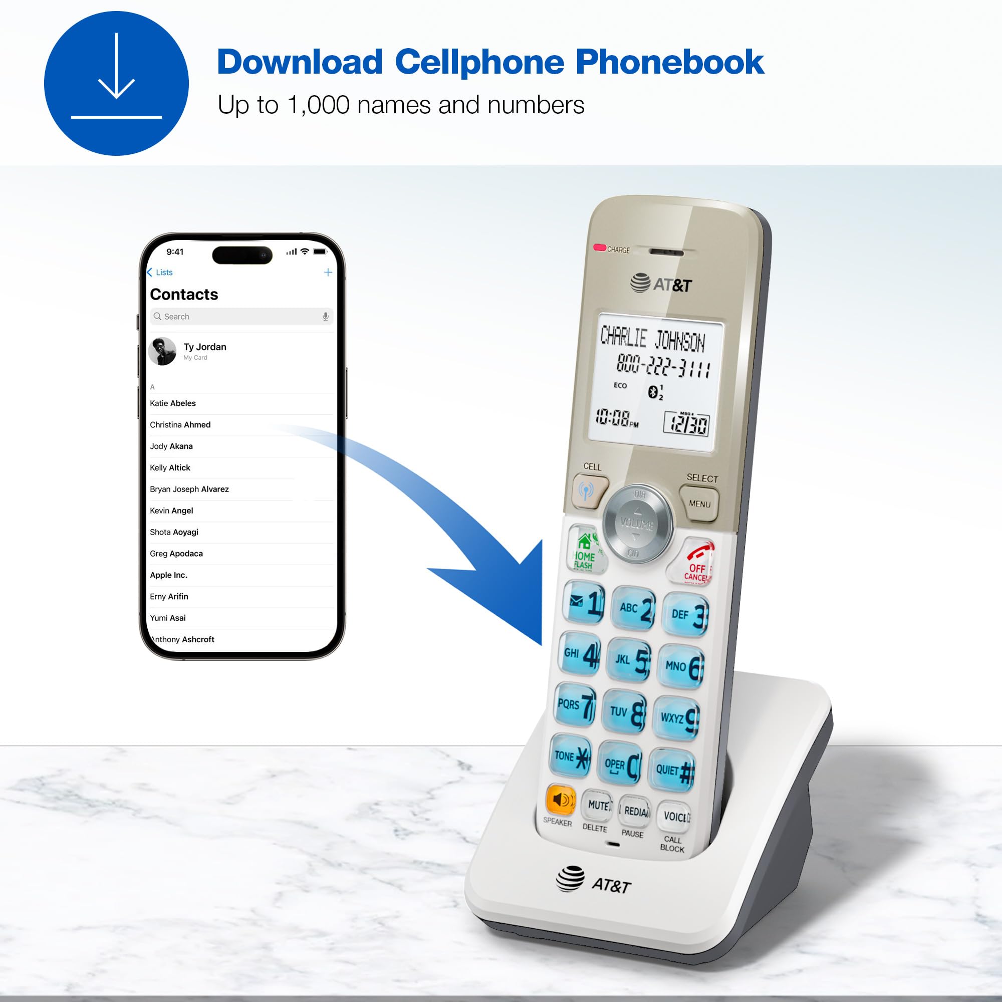 AT&T DL70019 Accessory Handset for DL72x19 Phone with Bluetooth Connect to Cell, Call Blocking, 1.8" Backlit Screen, Big Buttons, intercom, and Unsurpassed Range