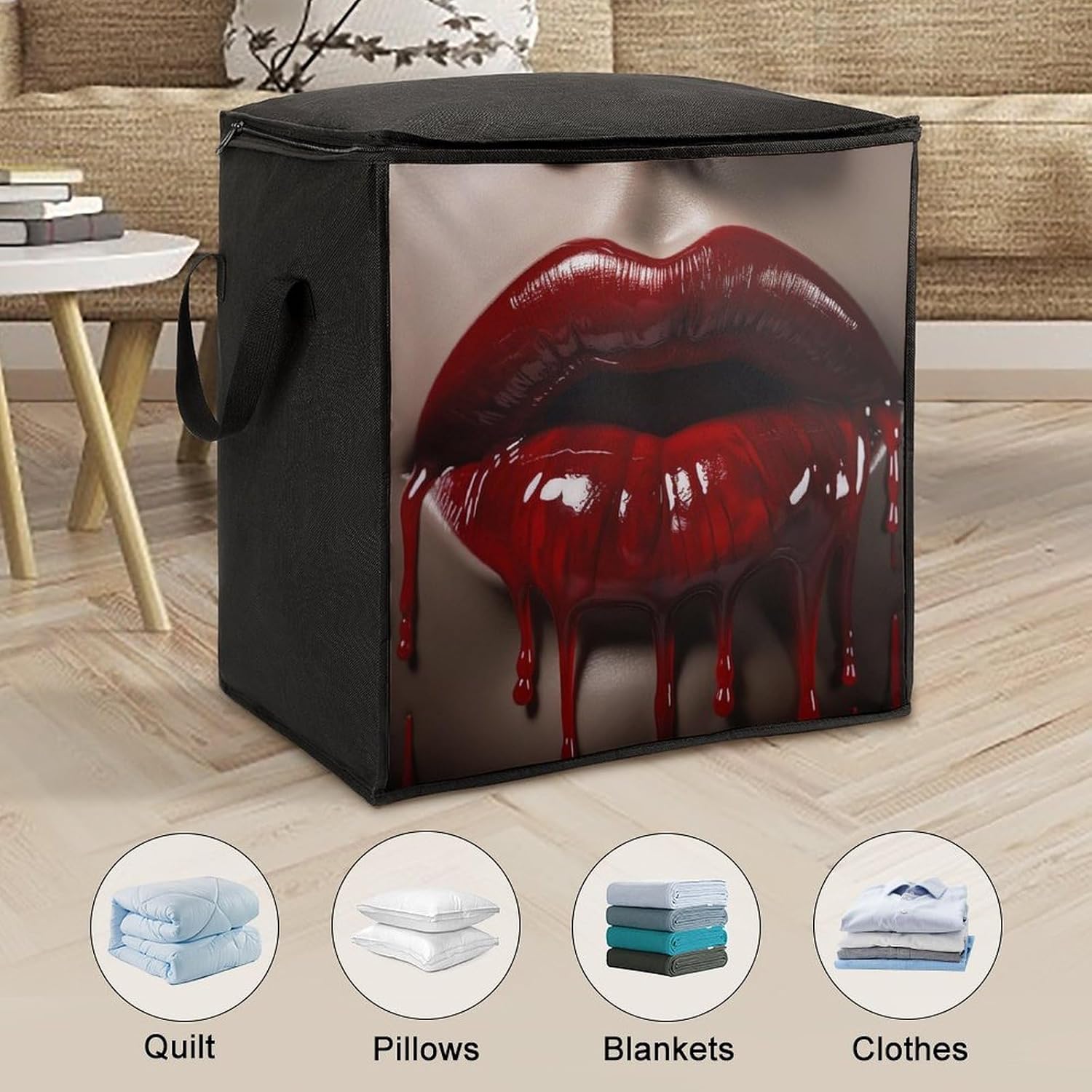 Quilt Storage Bag,Red Lips Printed Large Foldable Storage Container Portable Travel Storage Bag for Blankets, Quilts, Clothes, Comforter, Bedding And Pillows