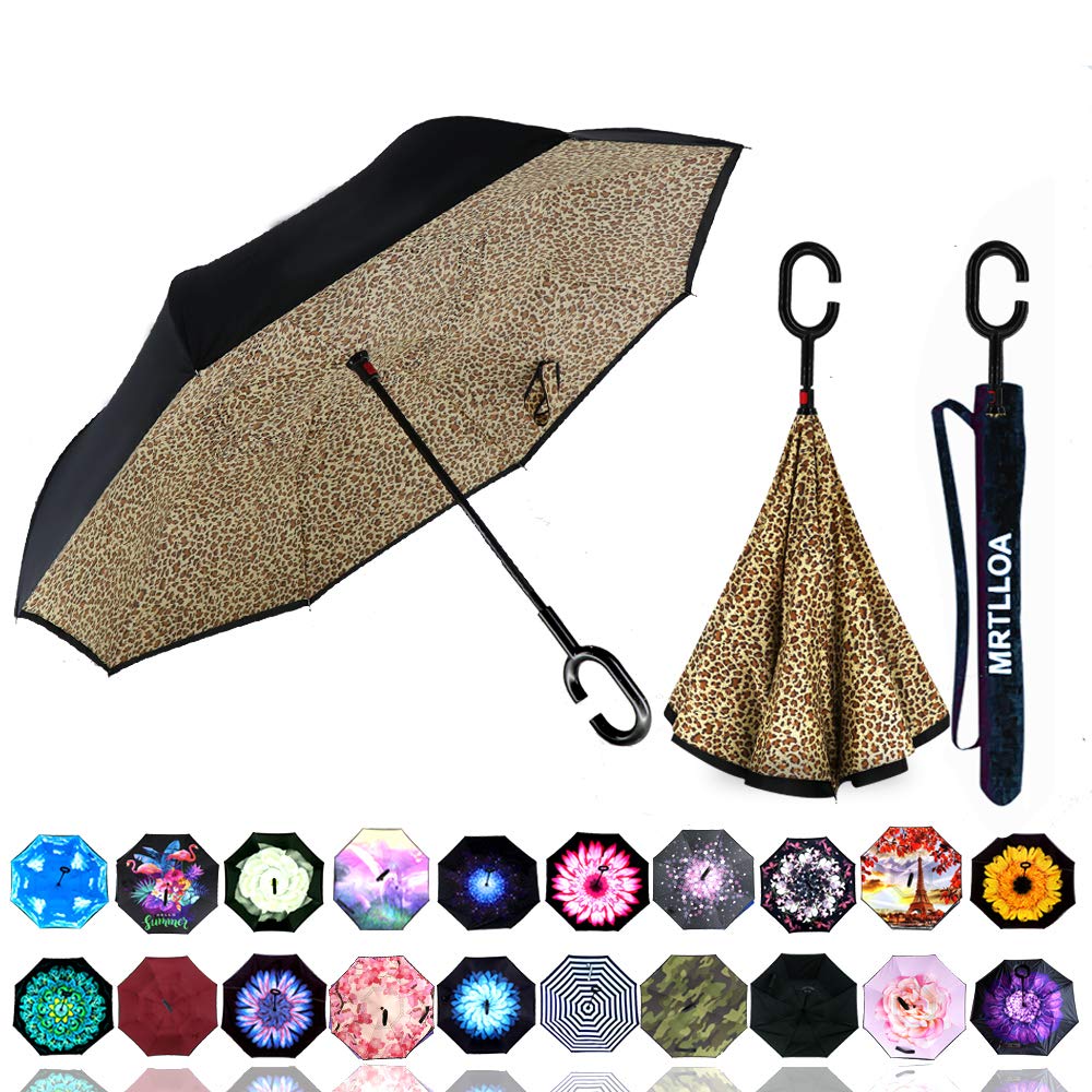 MRTLLOA Double Layer Inverted Umbrella with C-Shaped Handle, Anti-UV Waterproof Windproof Straight Umbrella for Car Rain Outdoor Use (N-Leopard)