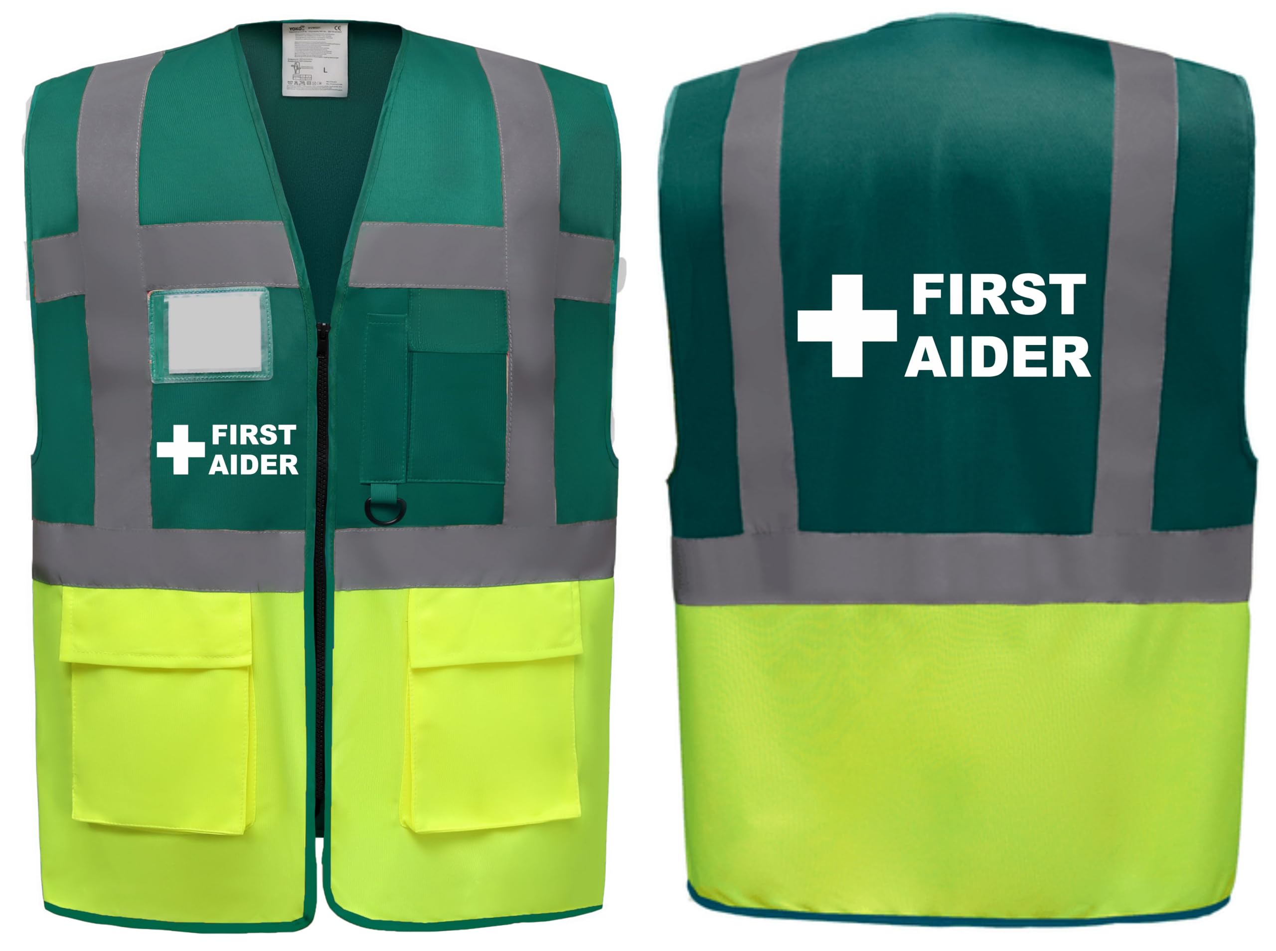 First Aider Superior Green/Yellow Hi Vis Zipped Safety Vest - High Visibility Waistcoat with Reflective Bands for Company Compliance First Aid & Medical Staff, Brook Hi Vis (Green/Yellow, XLarge)