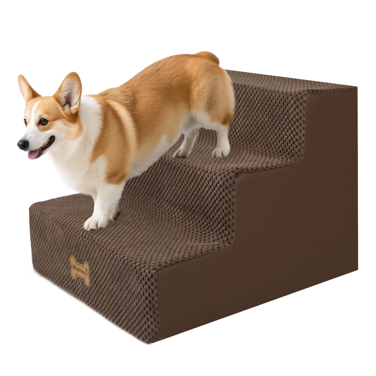 Nepfaivy Scaletta per Cani - Scala per Cani e Gatti per Salire sul Letto, Gradini con Copertura Rimovibile e Lavabile, Marrone, 53x40x39cm