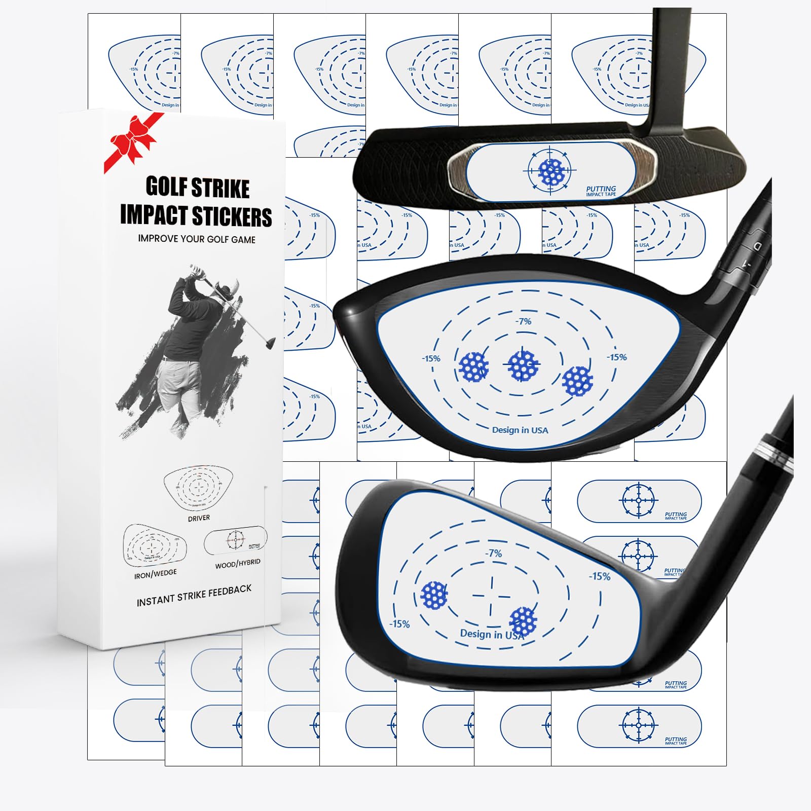 FINGER TEN Golf Impact Tape 75/150/375 Pcs Value Set Golf Club Impact Stickers Labels for Driver Woods Irons Putters, Self-Teaching Training Aid for Swing Practice (375Pcs-Right Handed Golfer)